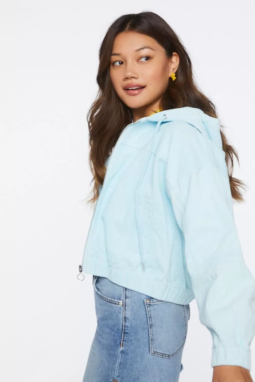 Jackets + Outerwear>Forever 21 Corduroy Hooded Jacket Sky Blue
