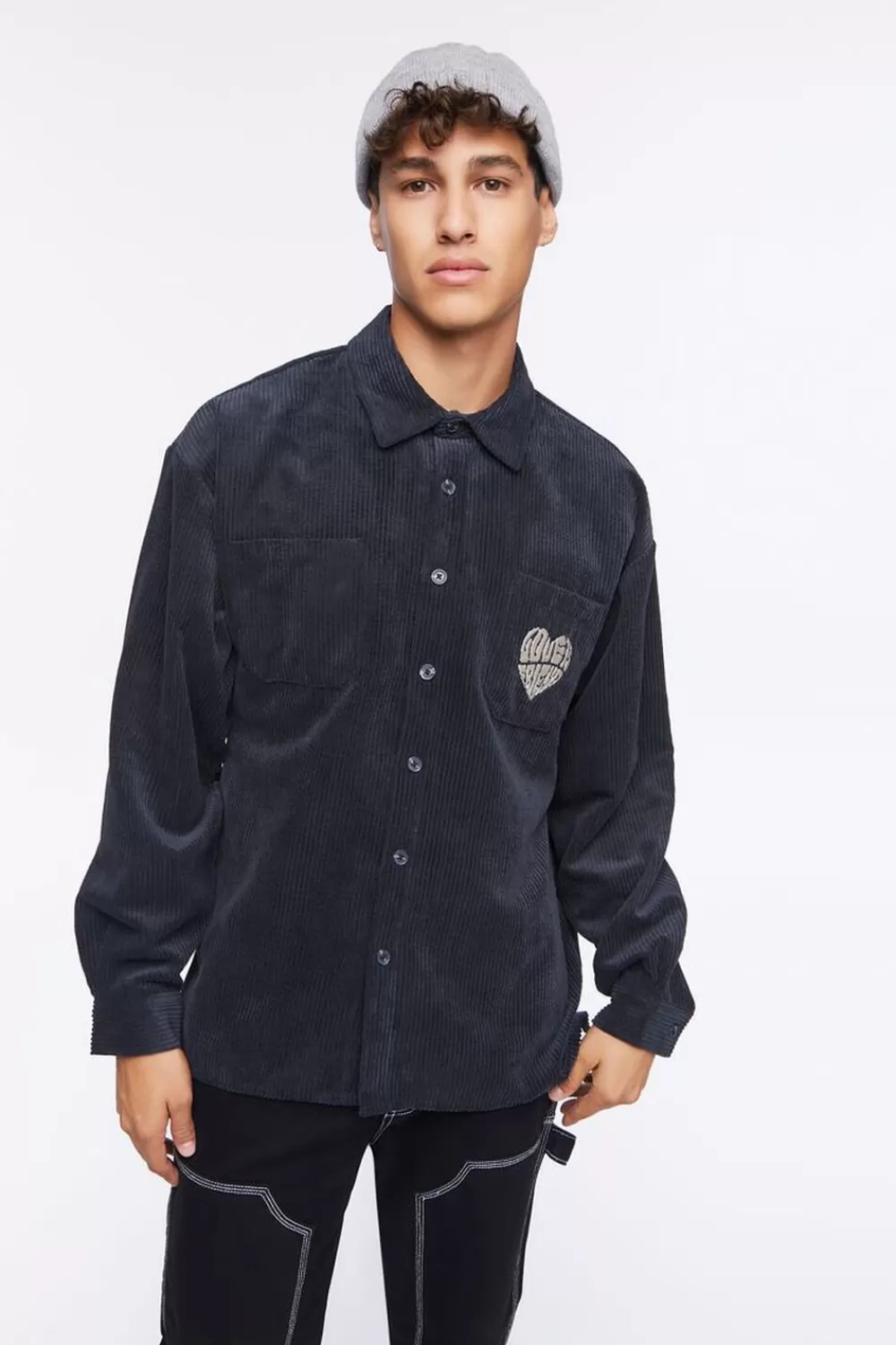 Tops>Forever 21 Corduroy Lover Friend Graphic Shirt Black/White