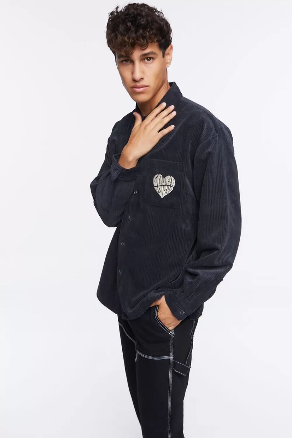 Tops>Forever 21 Corduroy Lover Friend Graphic Shirt Black/White
