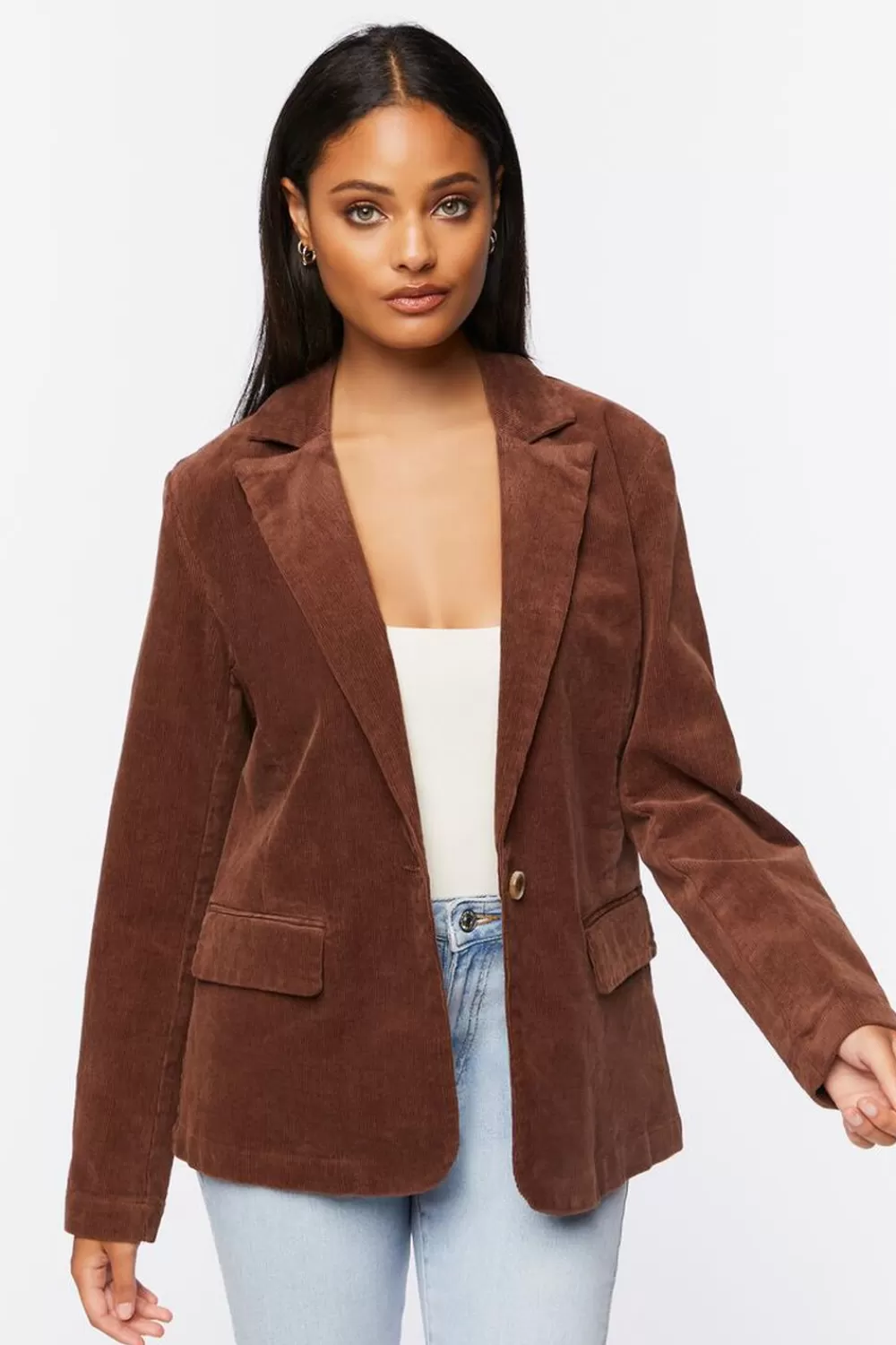 Jackets + Outerwear>Forever 21 Cotton-Blend Button-Front Blazer Chocolate