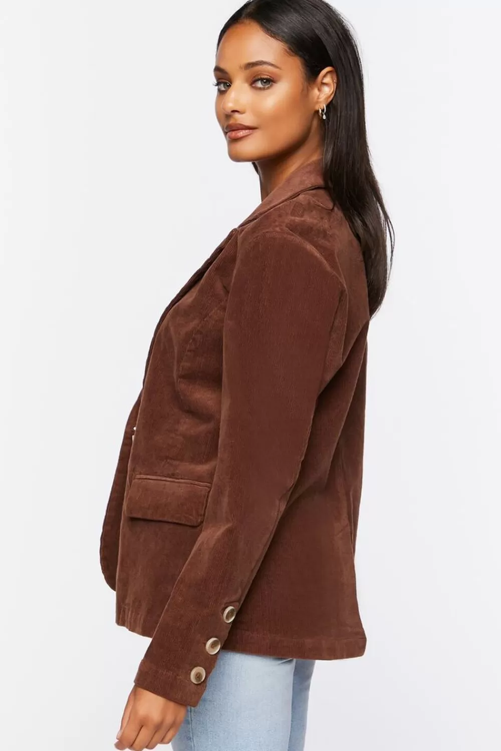 Jackets + Outerwear>Forever 21 Cotton-Blend Button-Front Blazer Chocolate