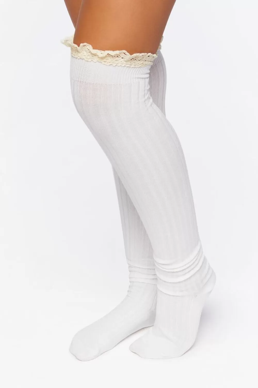 Socks + Tights>Forever 21 Crochet-Trim Over-The-Knee Socks White