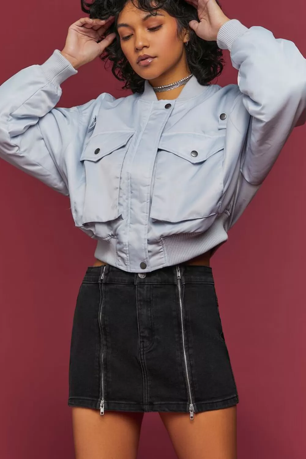 Jackets + Outerwear>Forever 21 Cropped Bomber Jacket Misty Blue