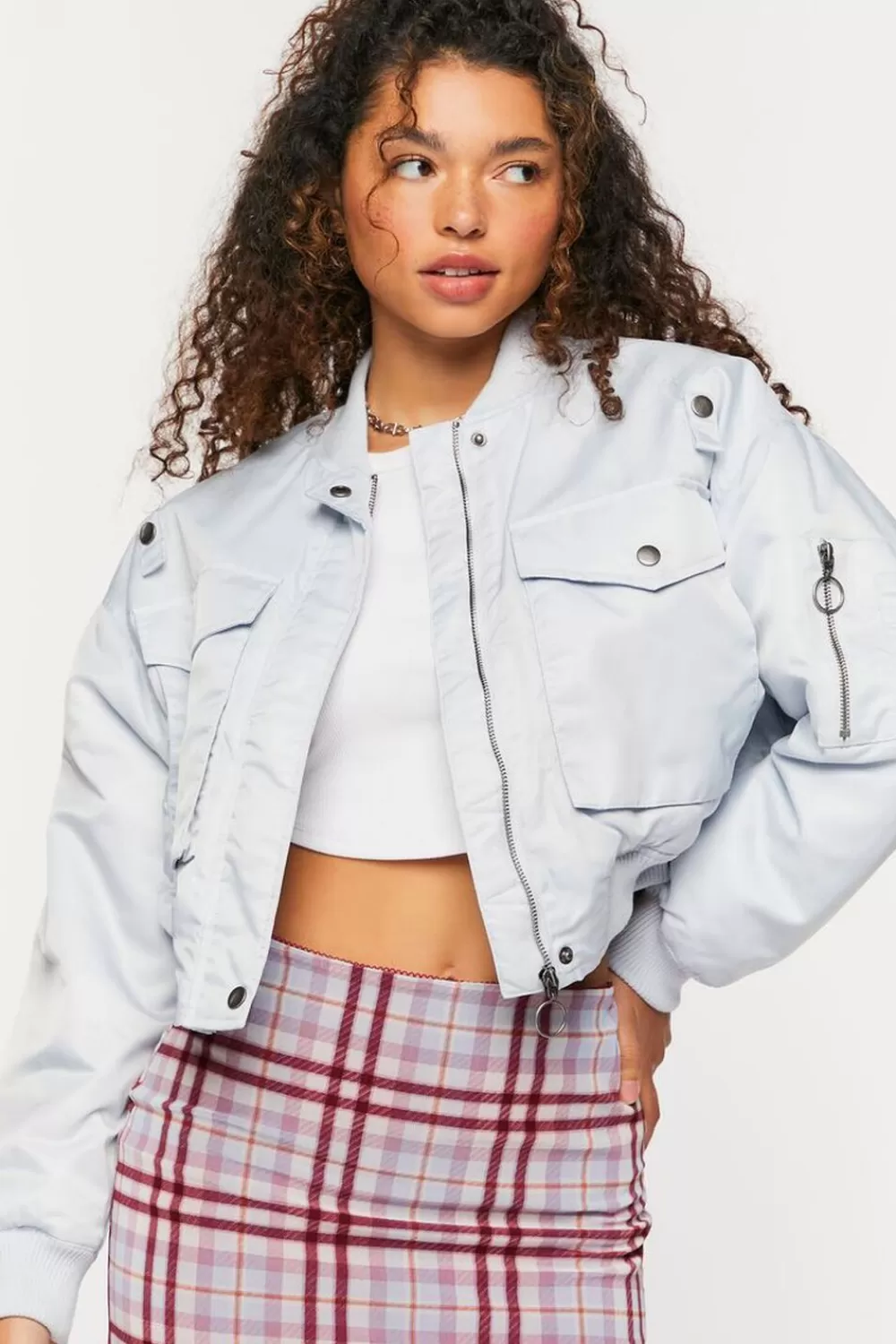 Jackets + Outerwear>Forever 21 Cropped Bomber Jacket Misty Blue