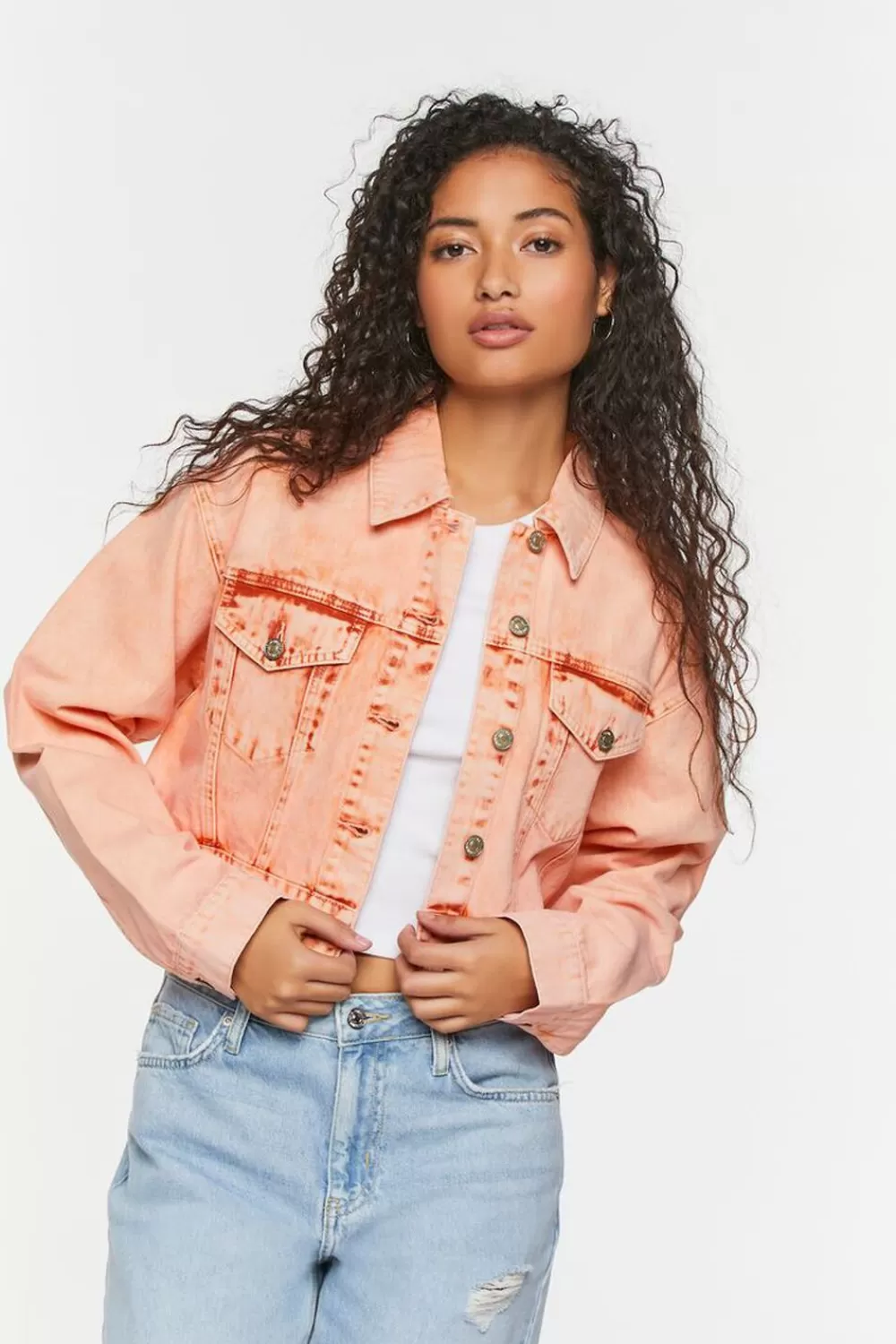 Jackets + Outerwear>Forever 21 Cropped Denim Trucker Jacket Clay