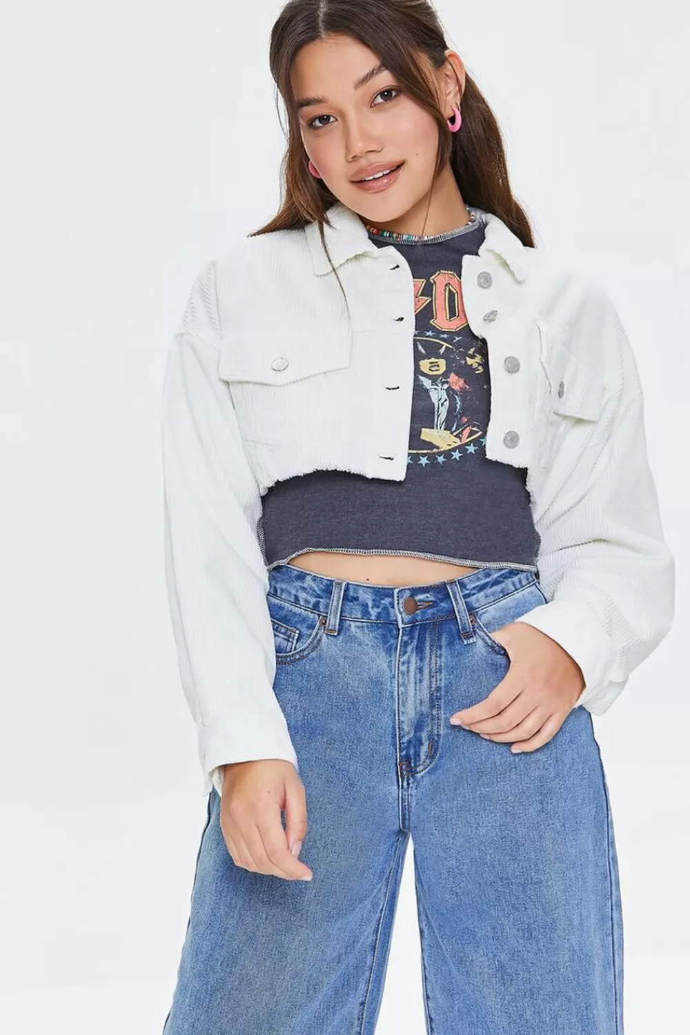 Jackets + Outerwear>Forever 21 Cropped Frayed Corduroy Jacket Vanilla