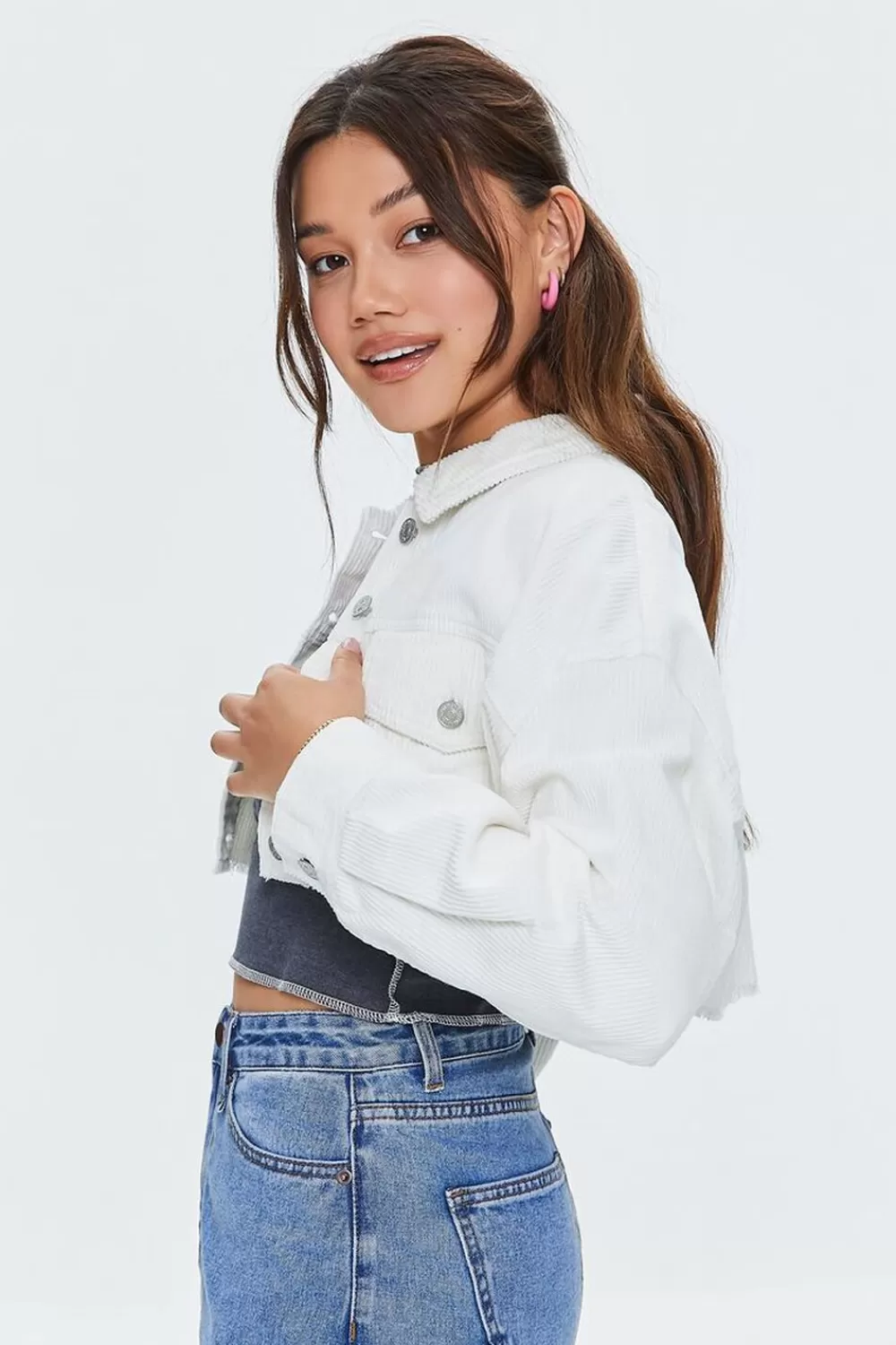 Jackets + Outerwear>Forever 21 Cropped Frayed Corduroy Jacket Vanilla