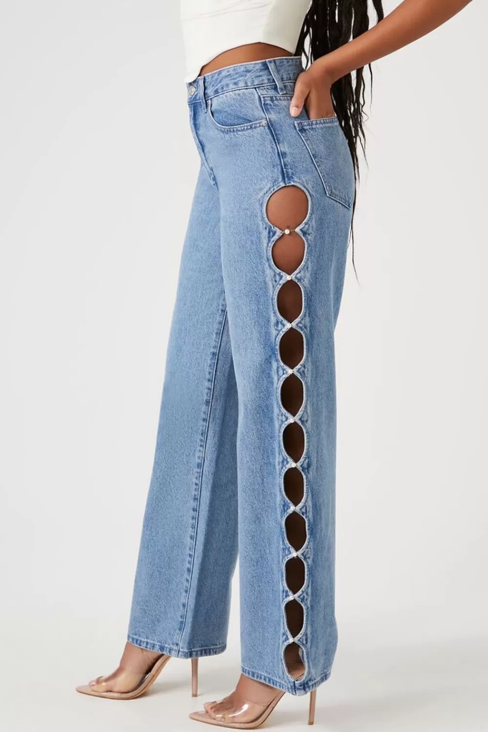 Bottoms>Forever 21 Cutout 90S-Fit High-Rise Jeans Light Denim