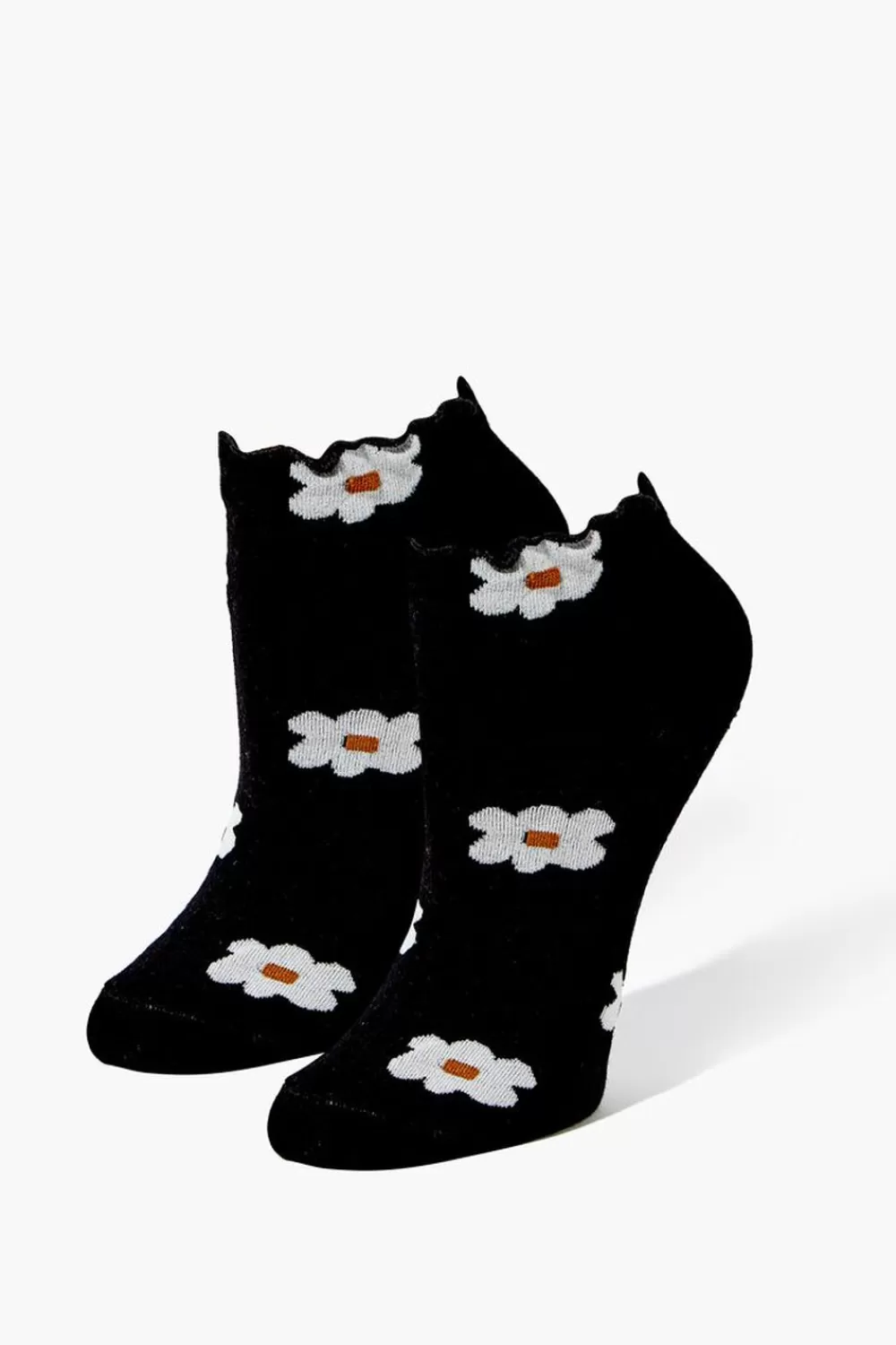 Socks + Tights>Forever 21 Daisy Print Lettuce-Edge Ankle Socks Black/Multi