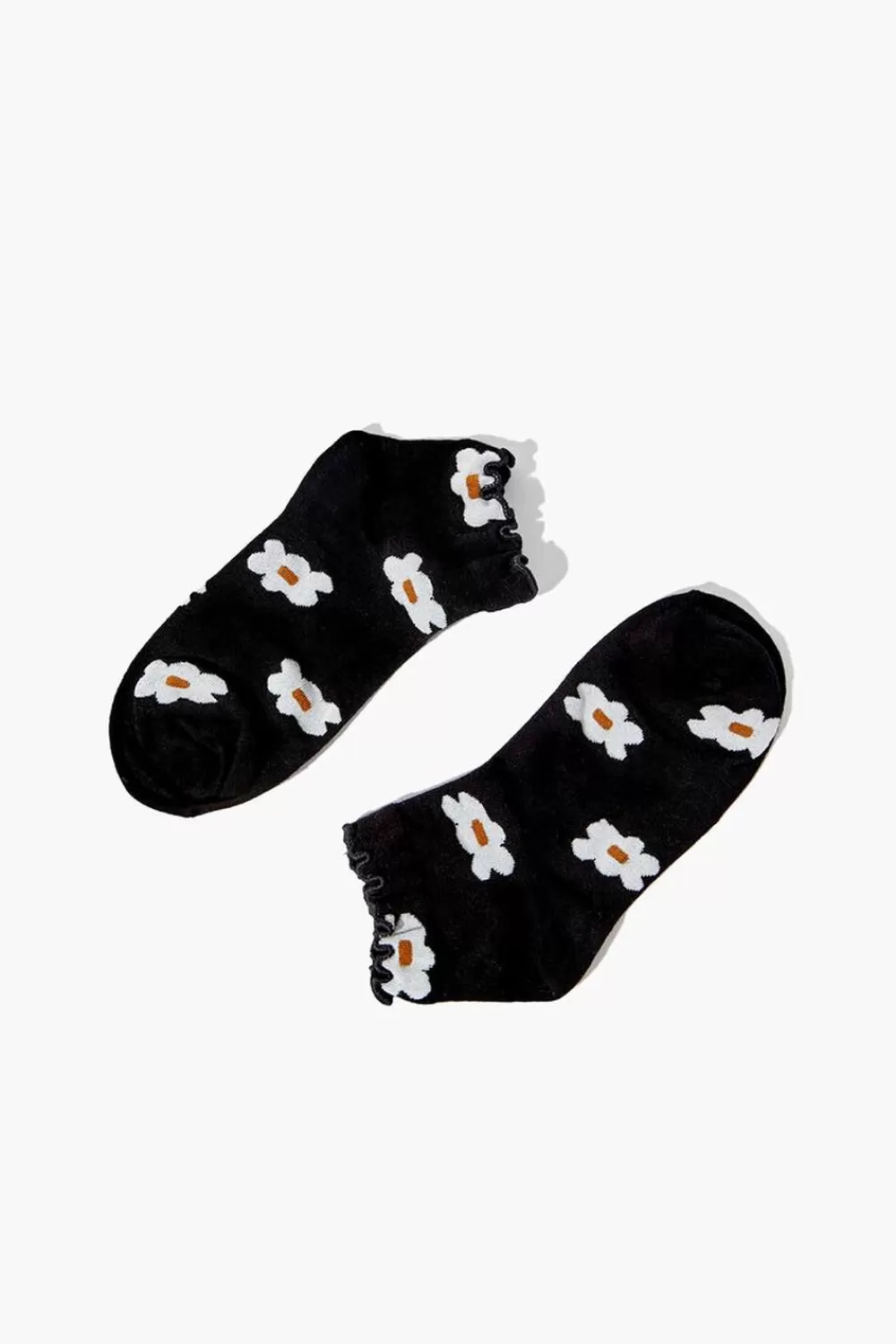 Socks + Tights>Forever 21 Daisy Print Lettuce-Edge Ankle Socks Black/Multi