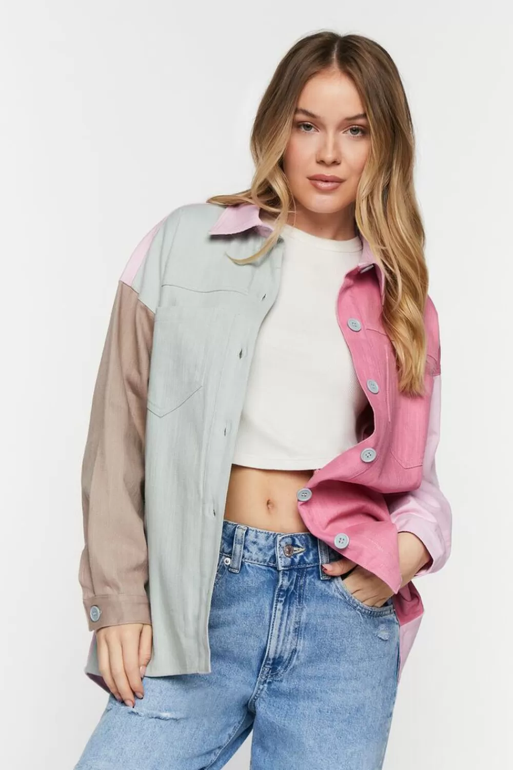 Jackets + Outerwear>Forever 21 Denim Colorblock Shacket Denim/Multi