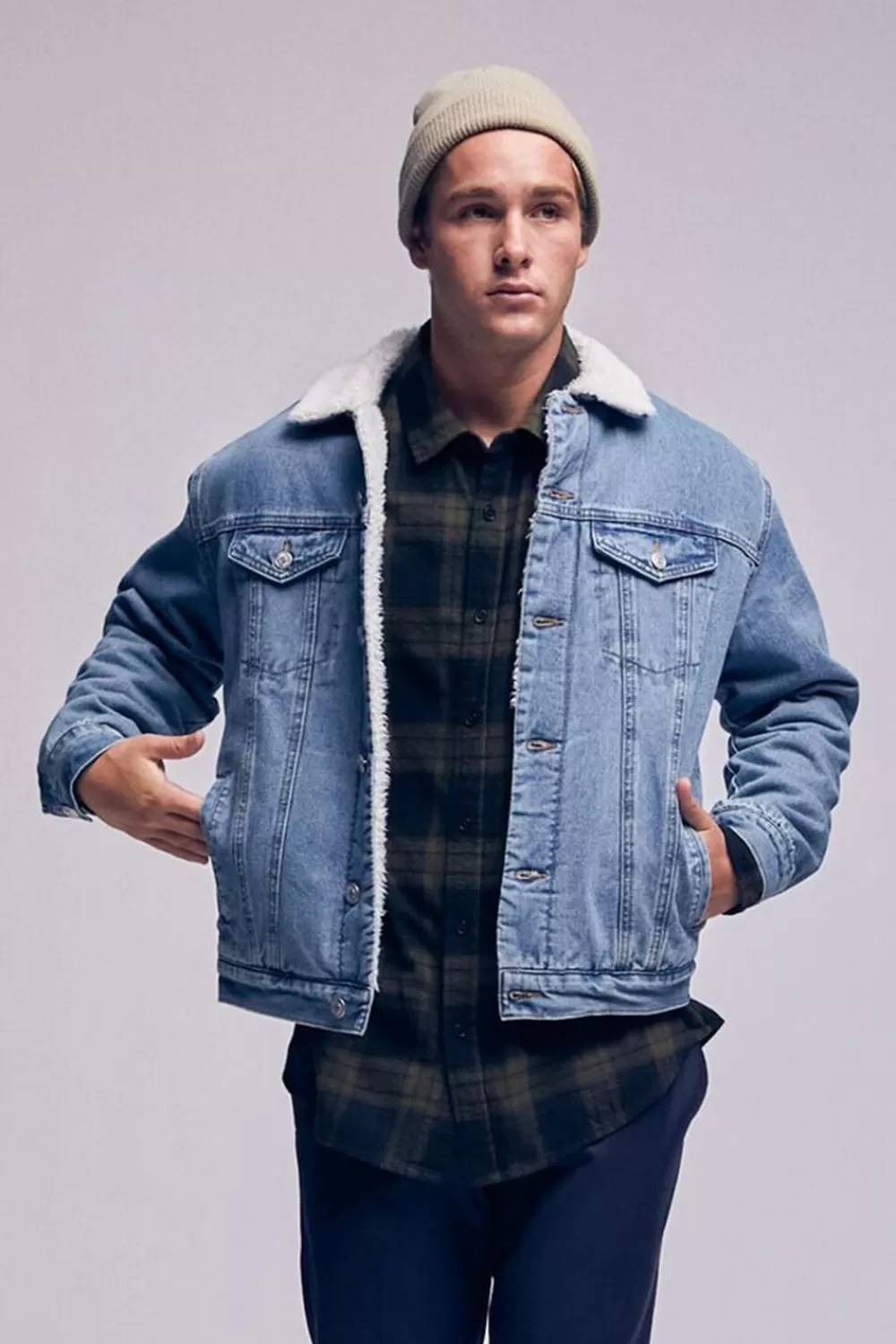 Jackets + Outerwear>Forever 21 Denim Faux Shearling Jacket Medium Denim/Cream