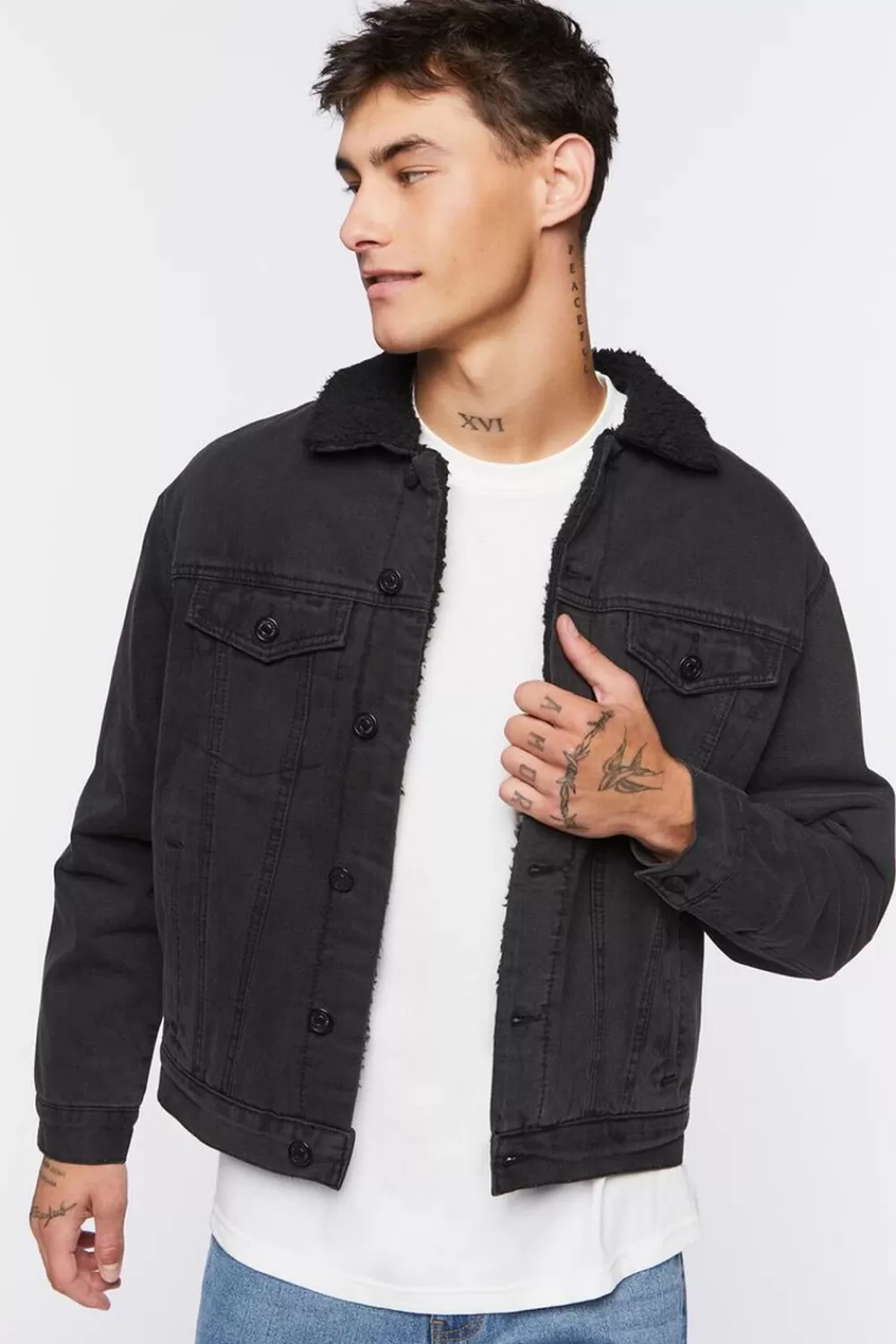 Jackets + Outerwear>Forever 21 Denim Faux Shearling Jacket Black/Black