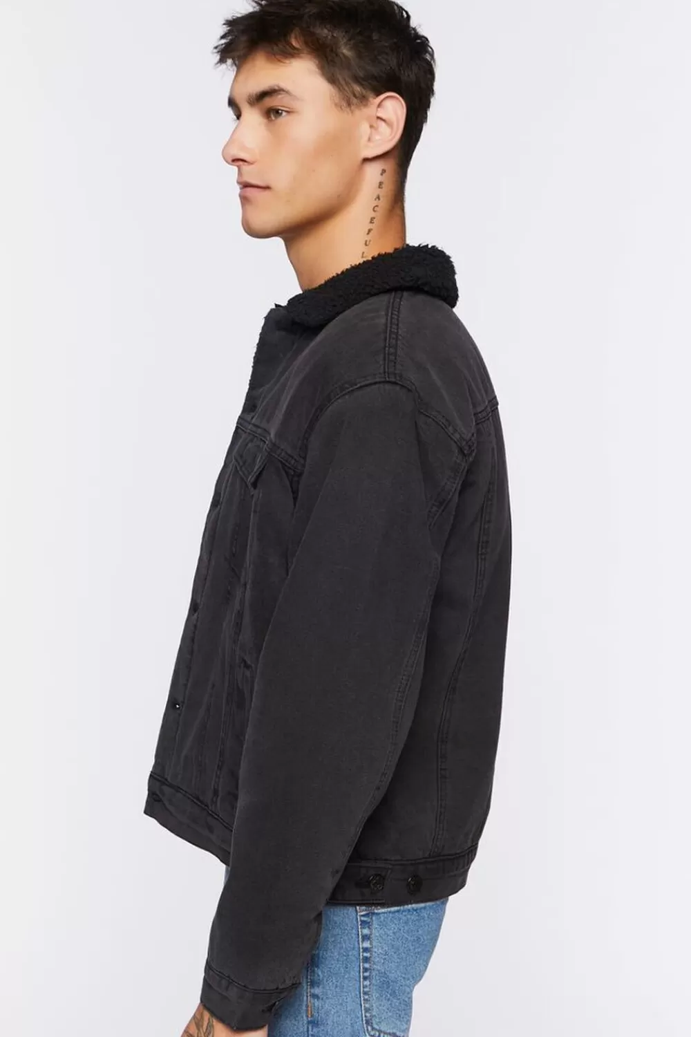 Jackets + Outerwear>Forever 21 Denim Faux Shearling Jacket Black/Black