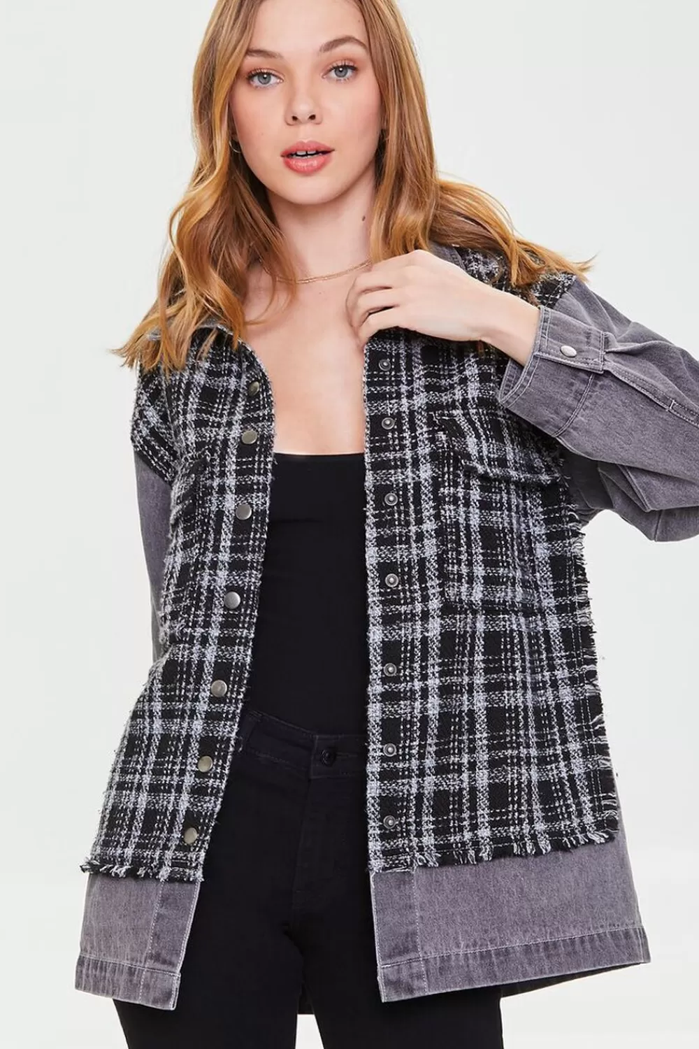 Jackets + Outerwear>Forever 21 Denim Tweed Button-Front Jacket Black/White