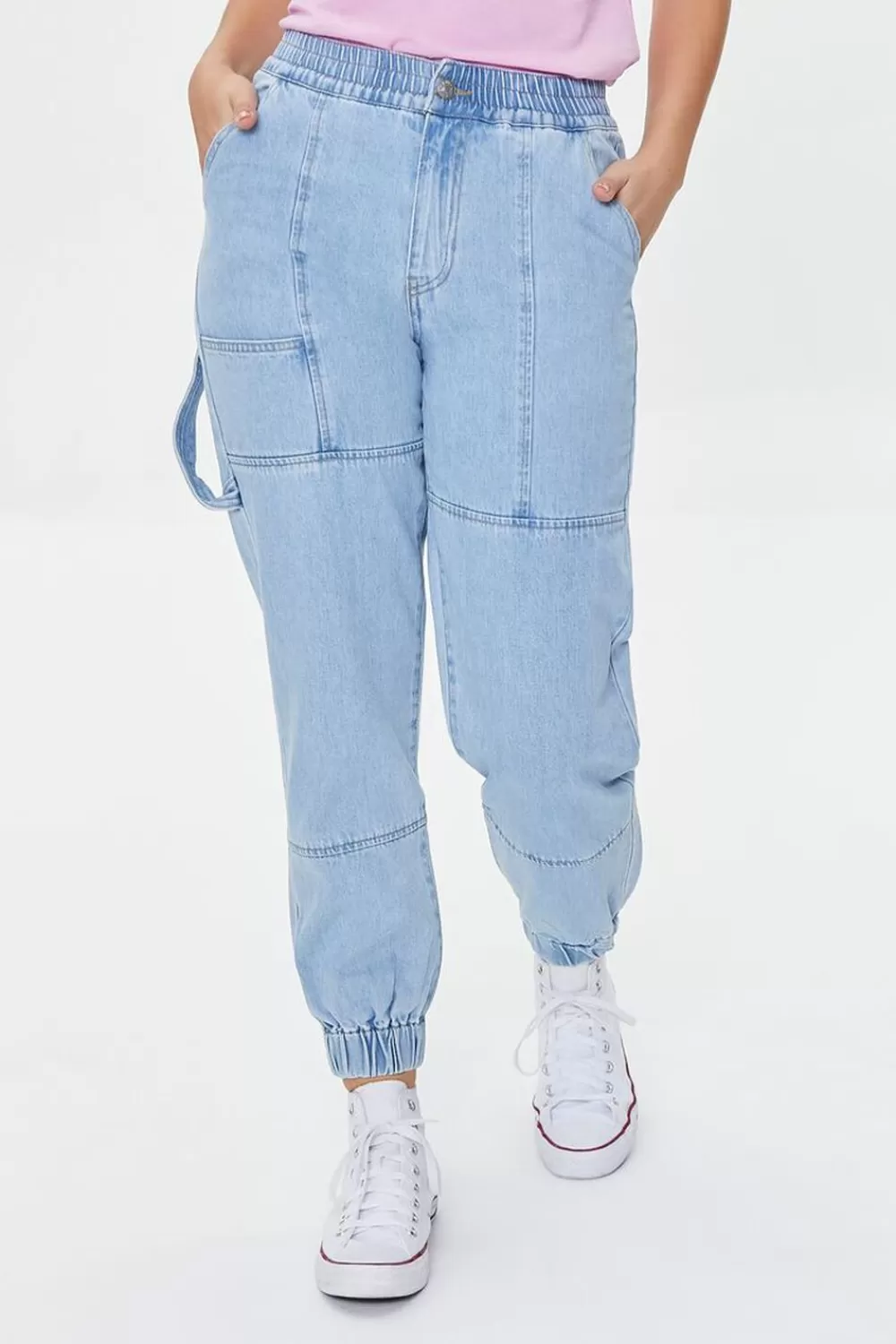 Bottoms>Forever 21 Denim Utility Joggers Light Denim