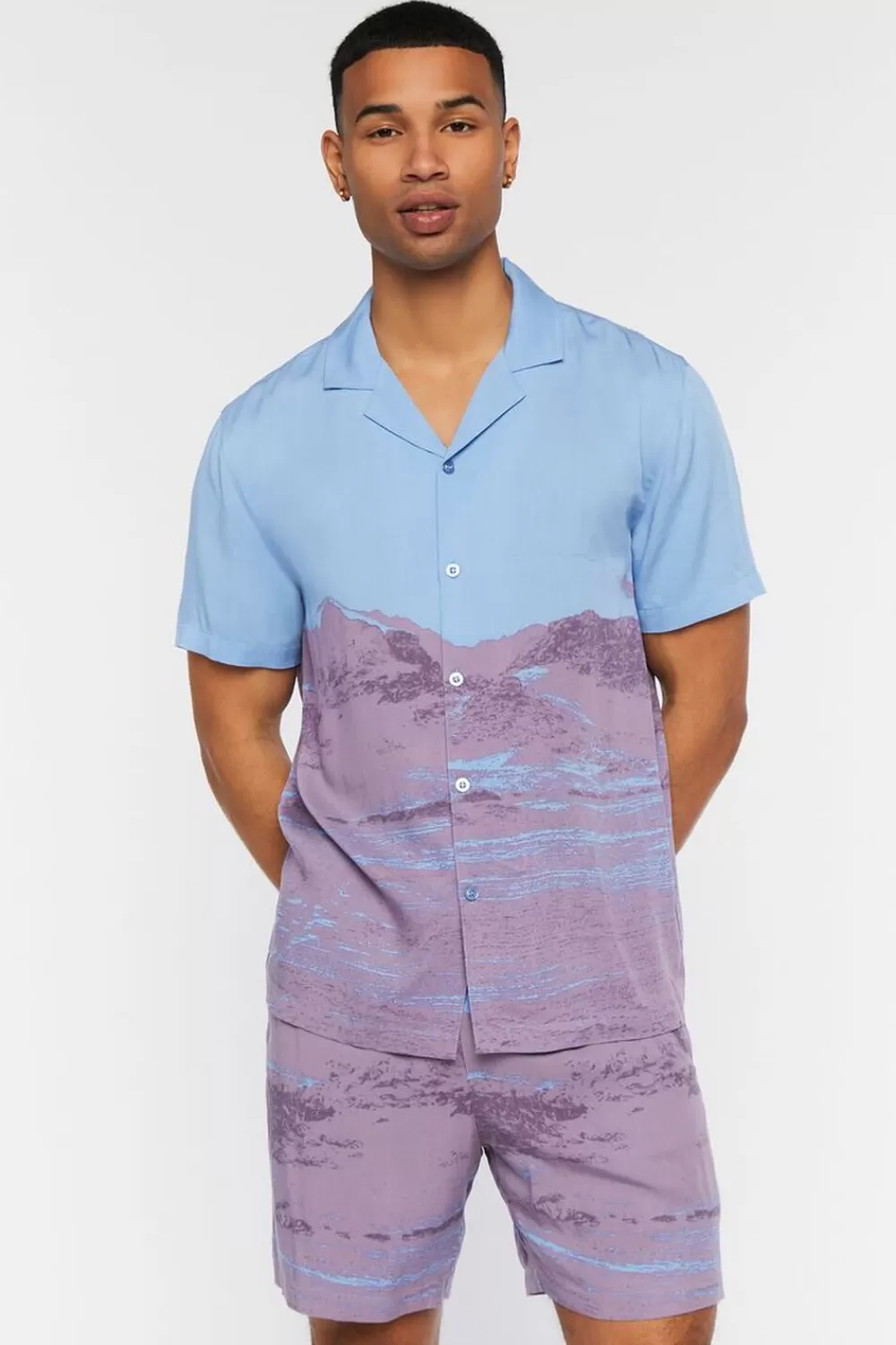 Matching Sets>Forever 21 Desert Landscape Drawstring Shorts Sky Blue/Purple