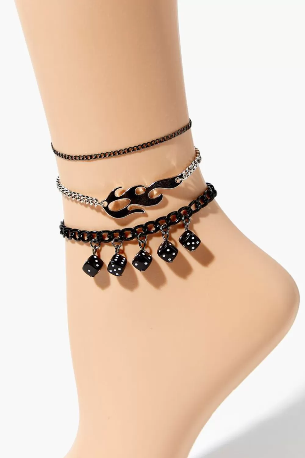 Body Jewelry>Forever 21 Dice & Flame Anklet Set Black/Silver