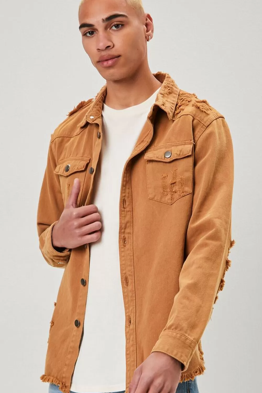 Jackets + Outerwear>Forever 21 Distressed Button-Front Jacket Gold
