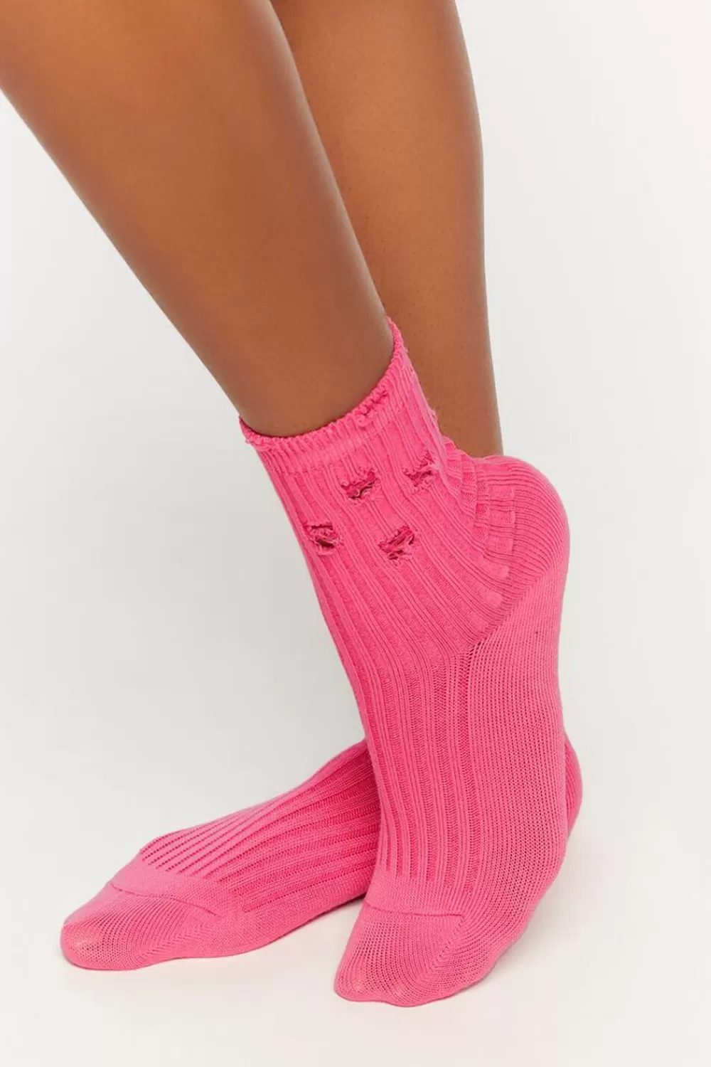 Socks + Tights>Forever 21 Distressed Crew Socks Pink