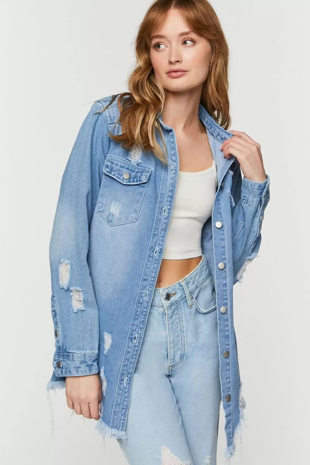 Jackets + Outerwear>Forever 21 Distressed Denim Longline Trucker Jacket Light Blue