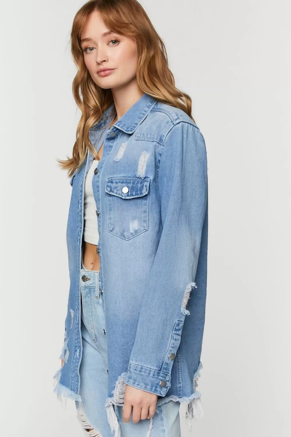 Jackets + Outerwear>Forever 21 Distressed Denim Longline Trucker Jacket Light Blue