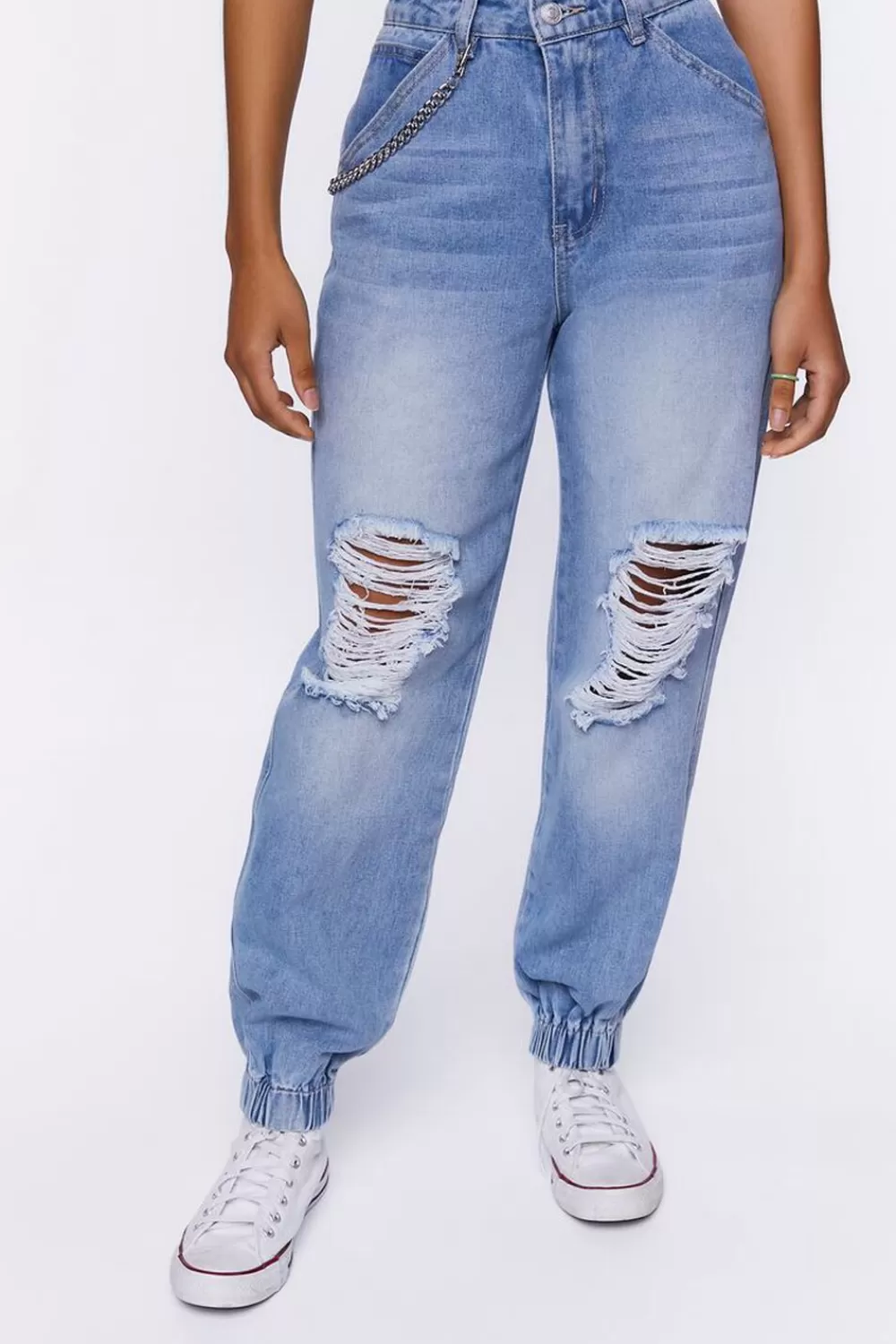 Bottoms>Forever 21 Distressed Denim Wallet Chain Joggers Light Denim
