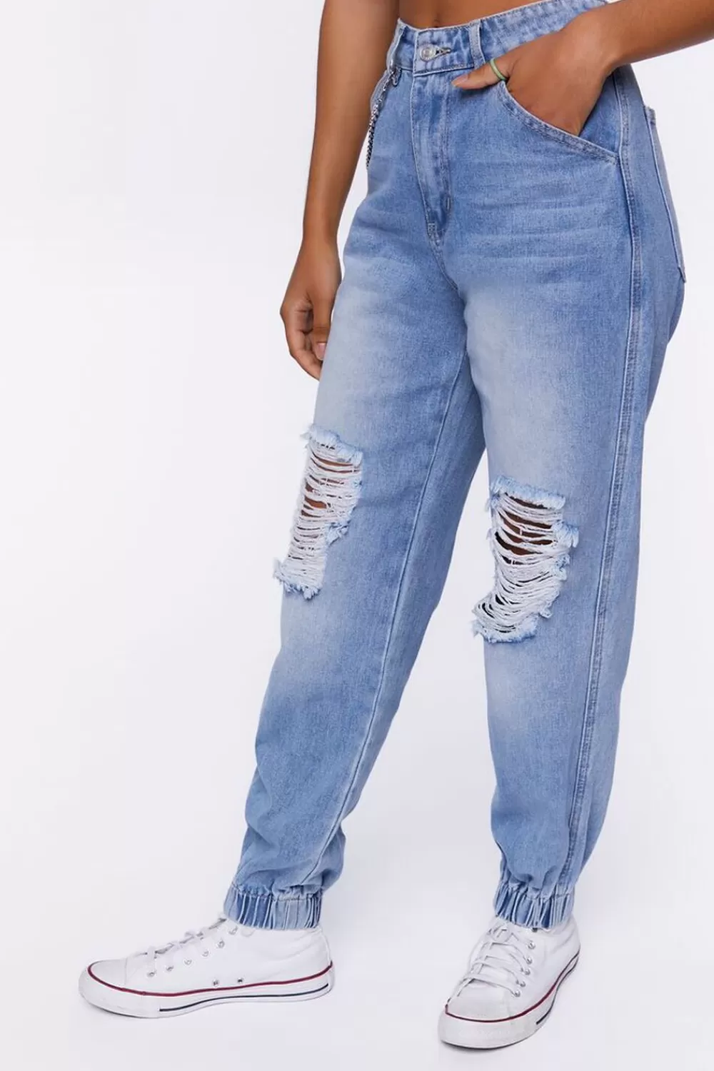Bottoms>Forever 21 Distressed Denim Wallet Chain Joggers Light Denim