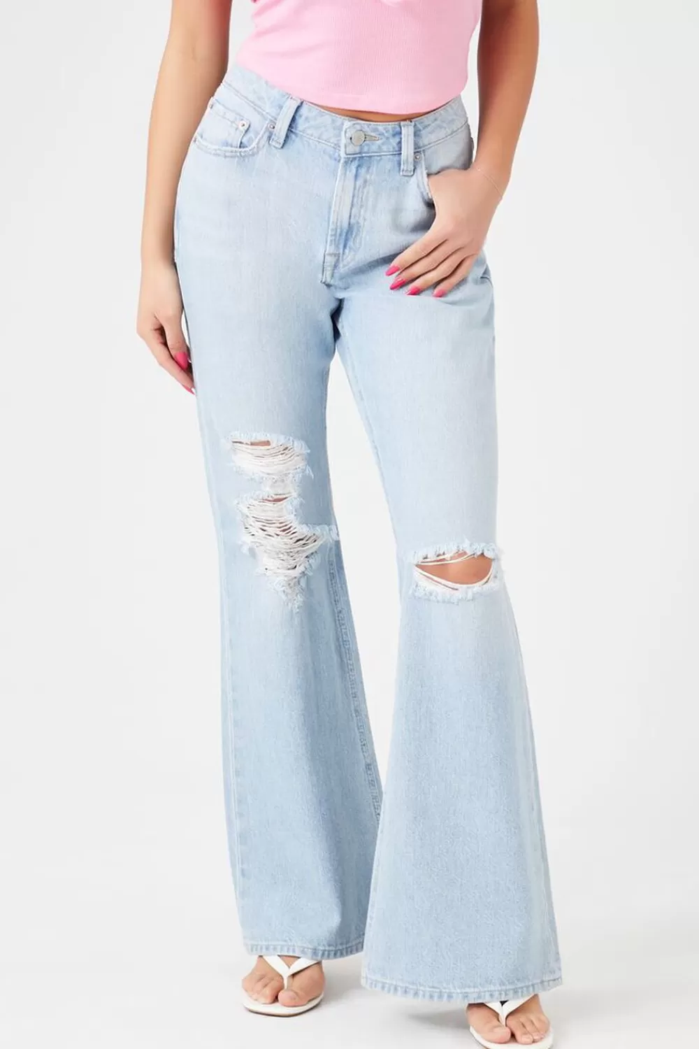 Bottoms>Forever 21 Distressed Flare Jeans Light Denim