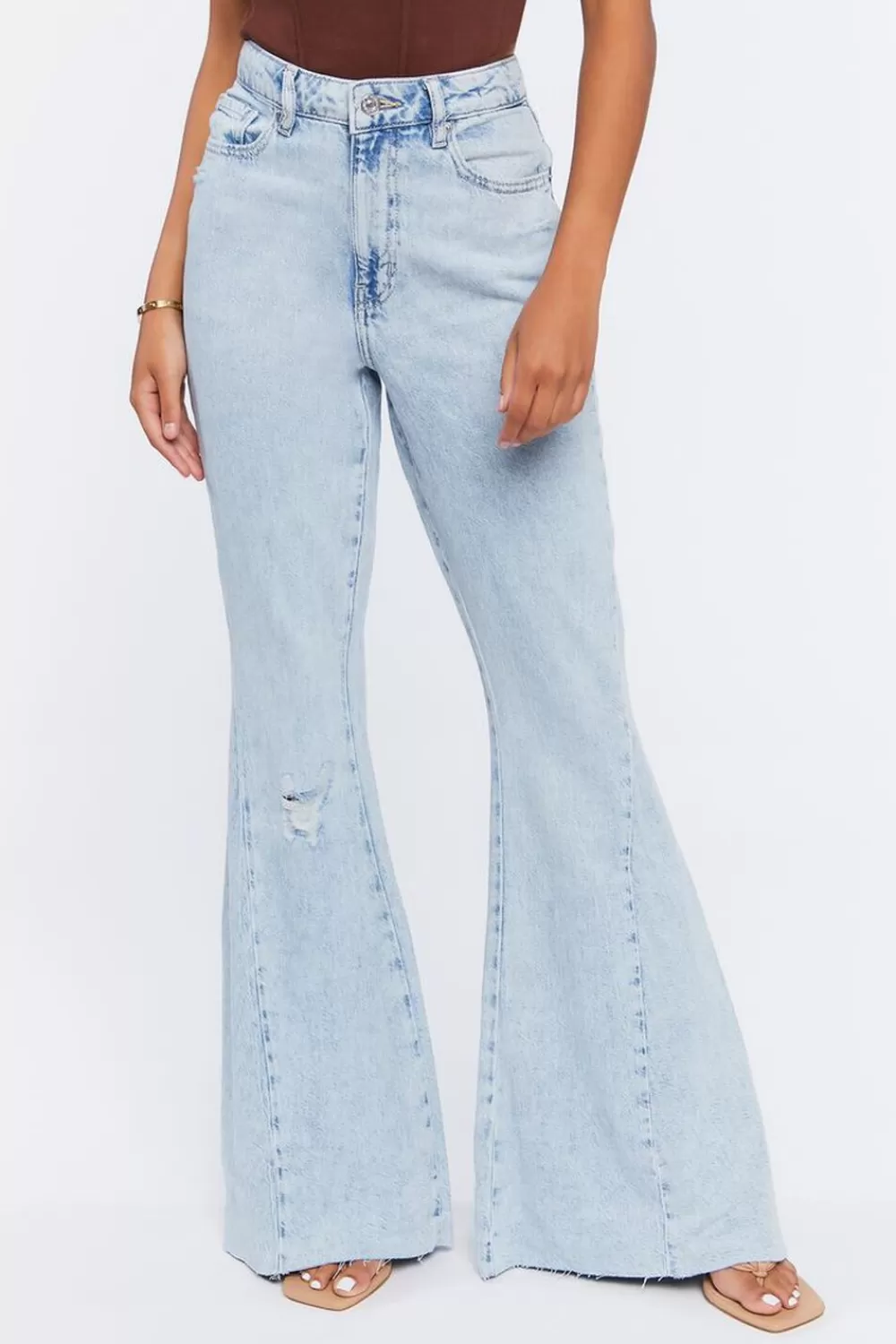 Bottoms>Forever 21 Distressed High-Rise Flare Jeans Light Denim