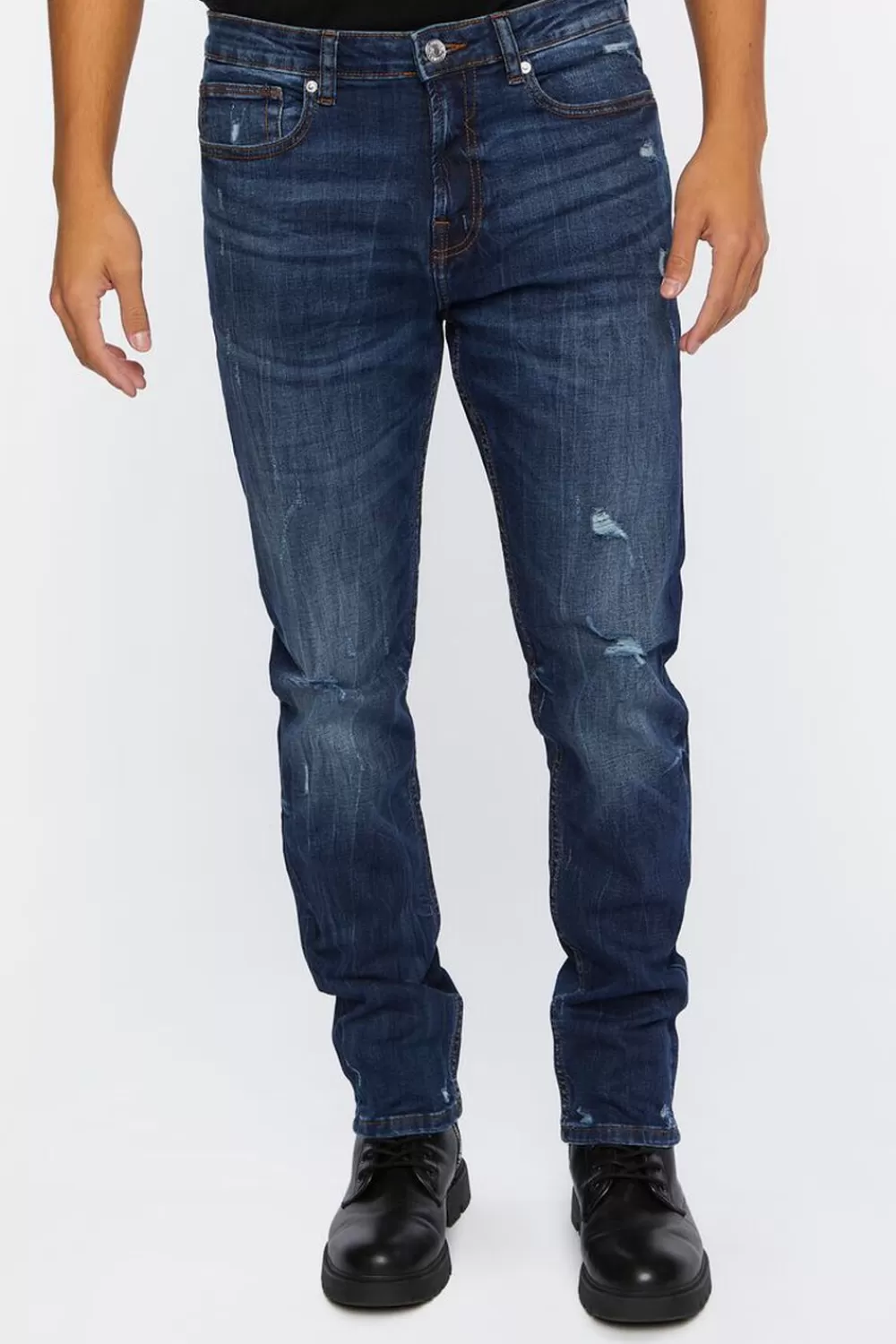 Jeans + Denim>Forever 21 Distressed Slim-Fit Jeans Dark Denim