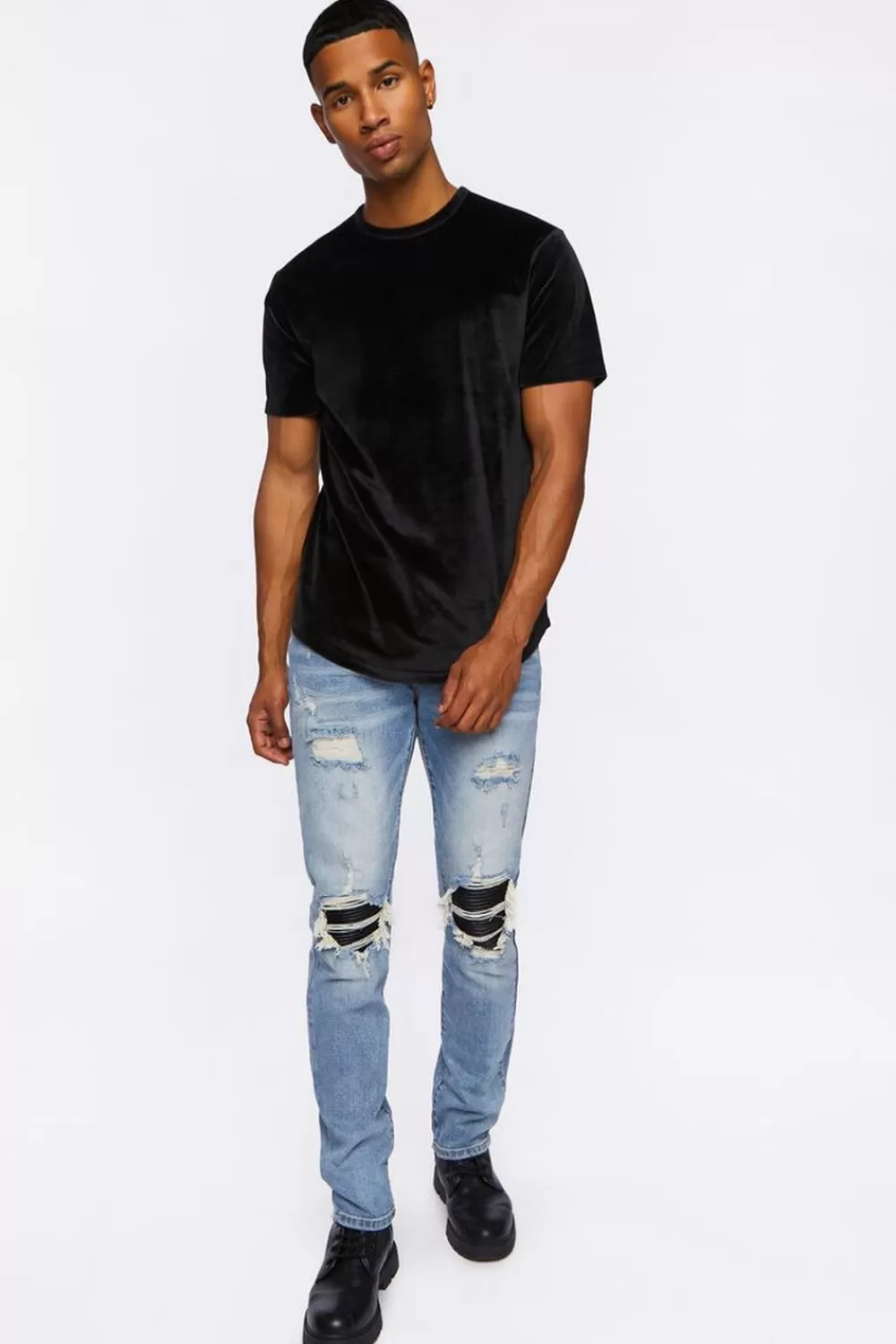 Jeans + Denim>Forever 21 Distressed Slim-Fit Stone Wash Jeans Light Denim