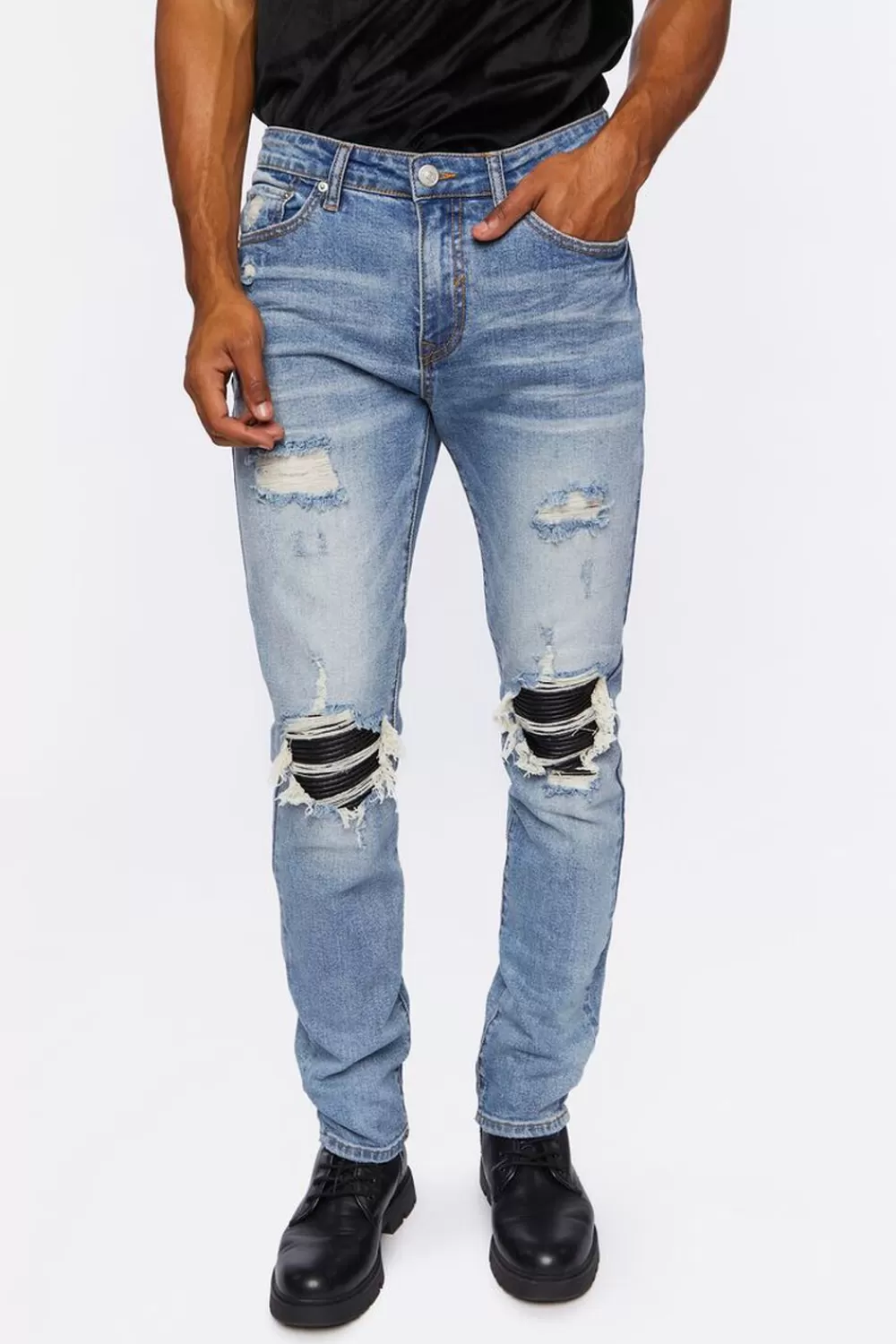 Jeans + Denim>Forever 21 Distressed Slim-Fit Stone Wash Jeans Light Denim