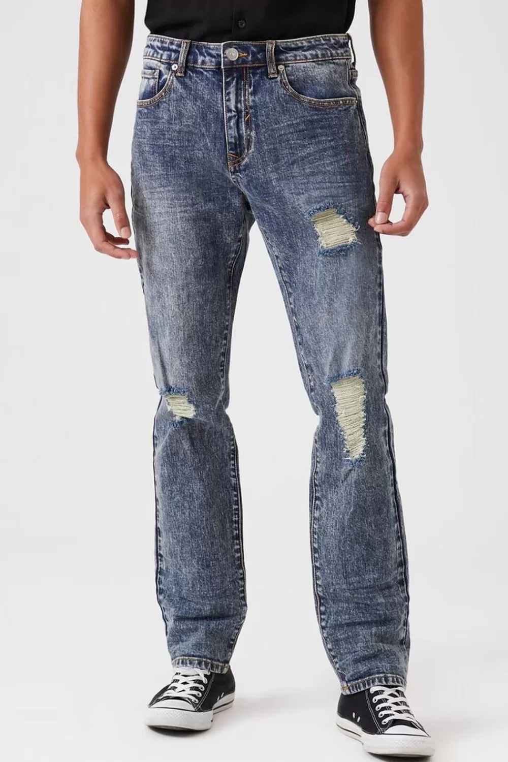 Jeans + Denim>Forever 21 Distressed Slim-Leg Jeans Medium Denim