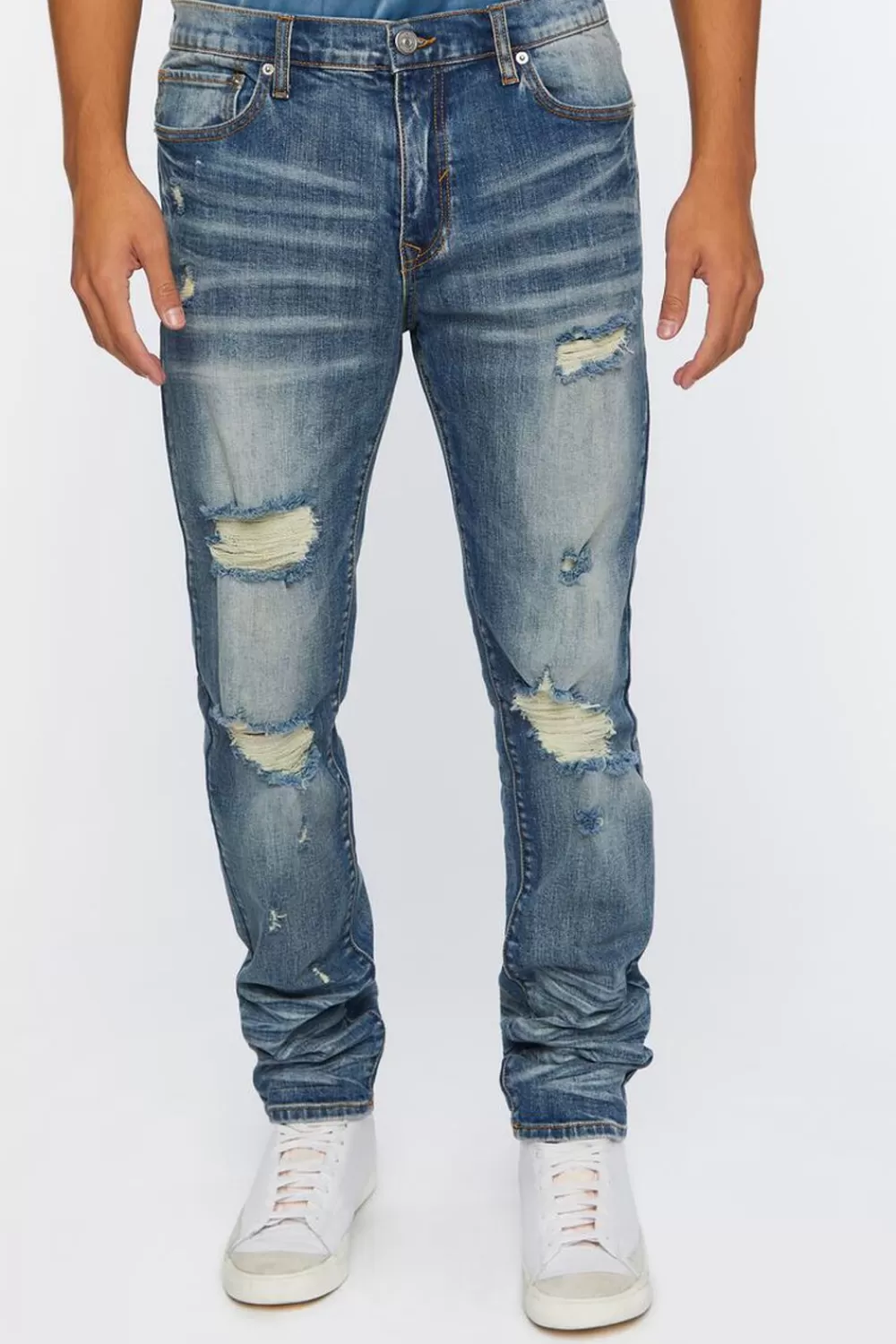 Jeans + Denim>Forever 21 Distressed Stone Wash Slim-Fit Jeans Medium Denim