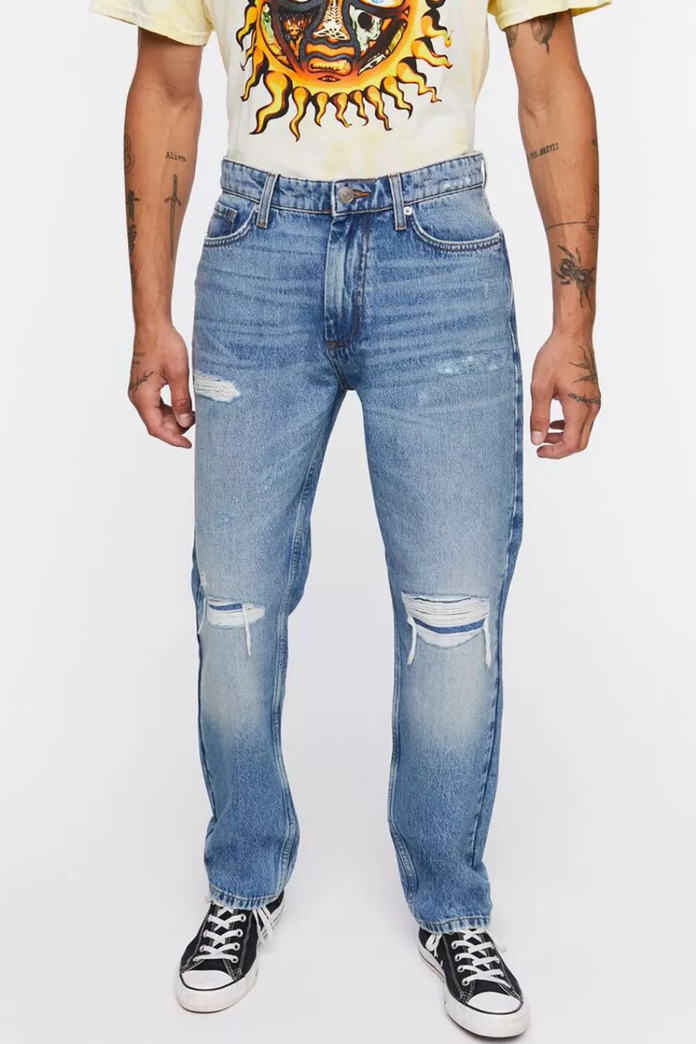 Jeans + Denim>Forever 21 Distressed Straight-Leg Jeans Medium Denim