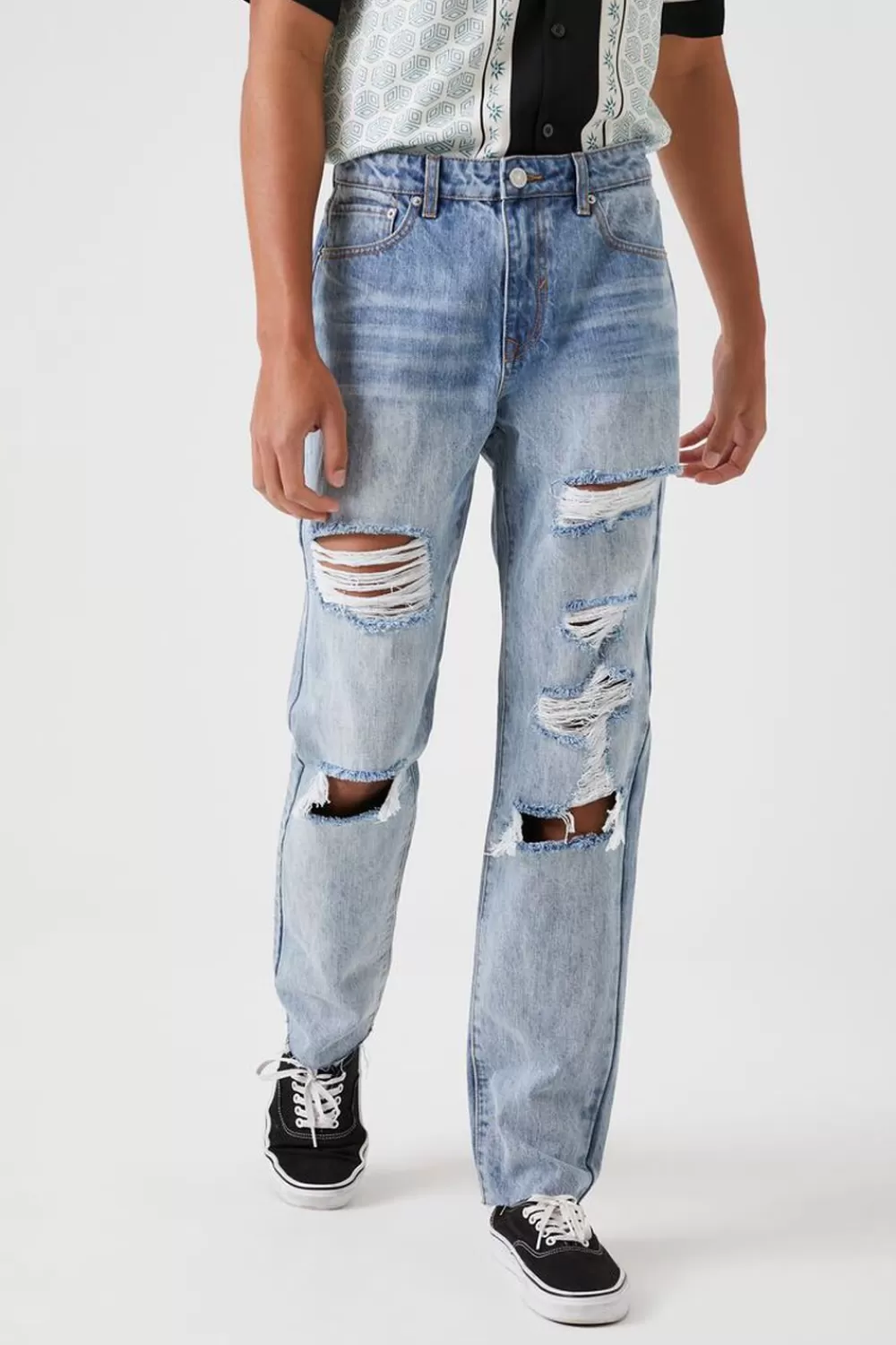 Jeans + Denim>Forever 21 Distressed Straight-Leg Jeans Light Denim