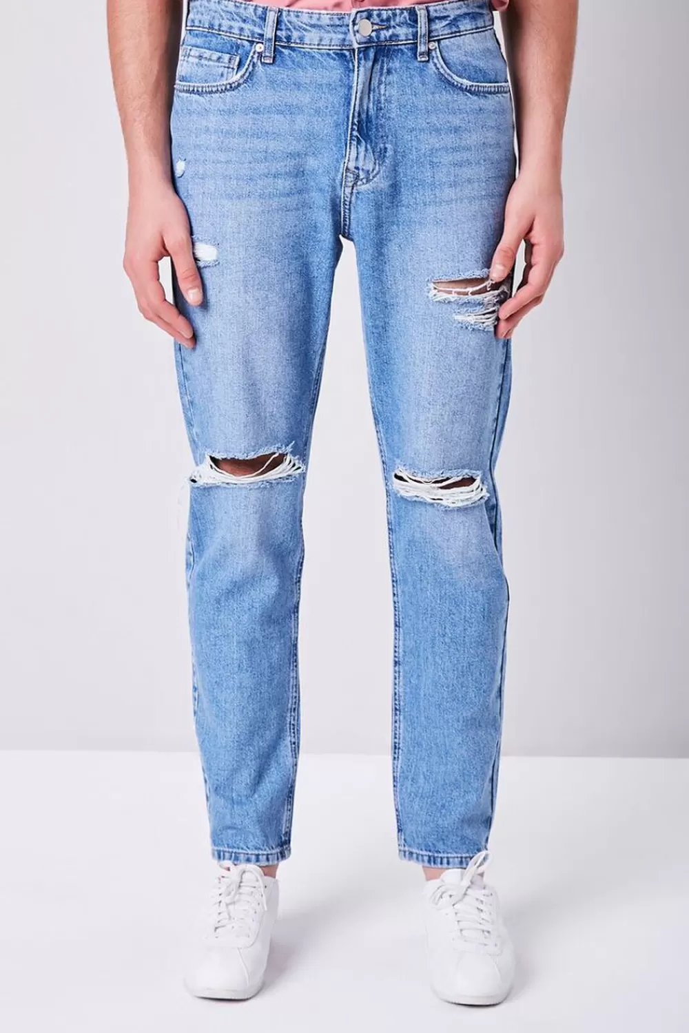 Jeans + Denim>Forever 21 Distressed Straight-Leg Jeans Light Denim