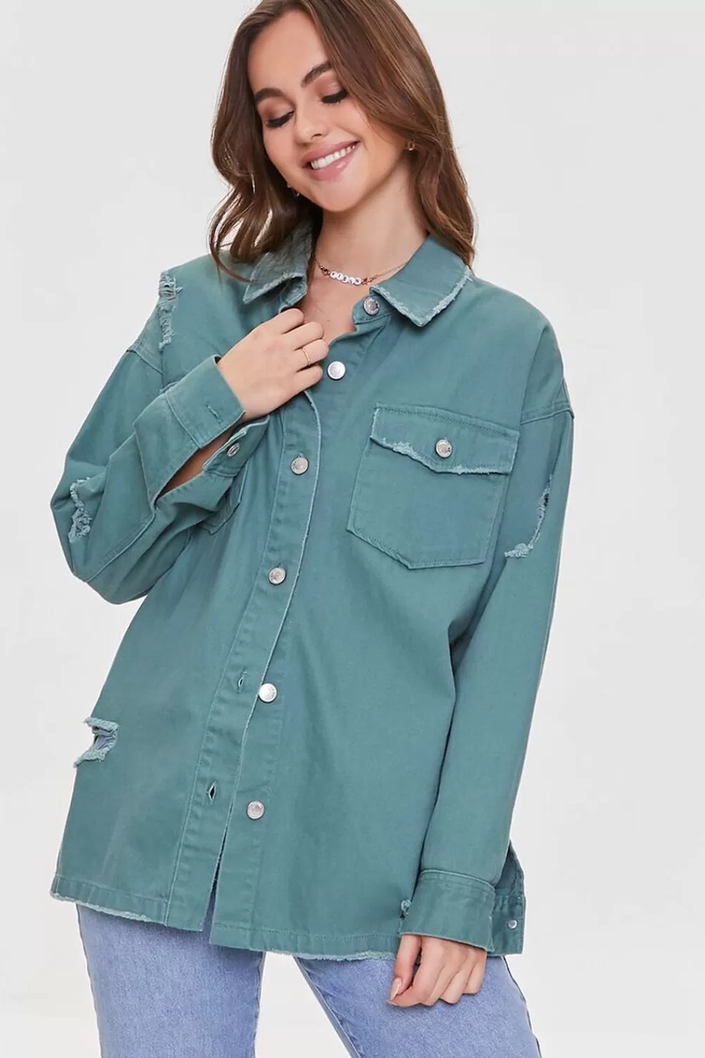 Jackets + Outerwear>Forever 21 Distressed Twill Shacket Patina