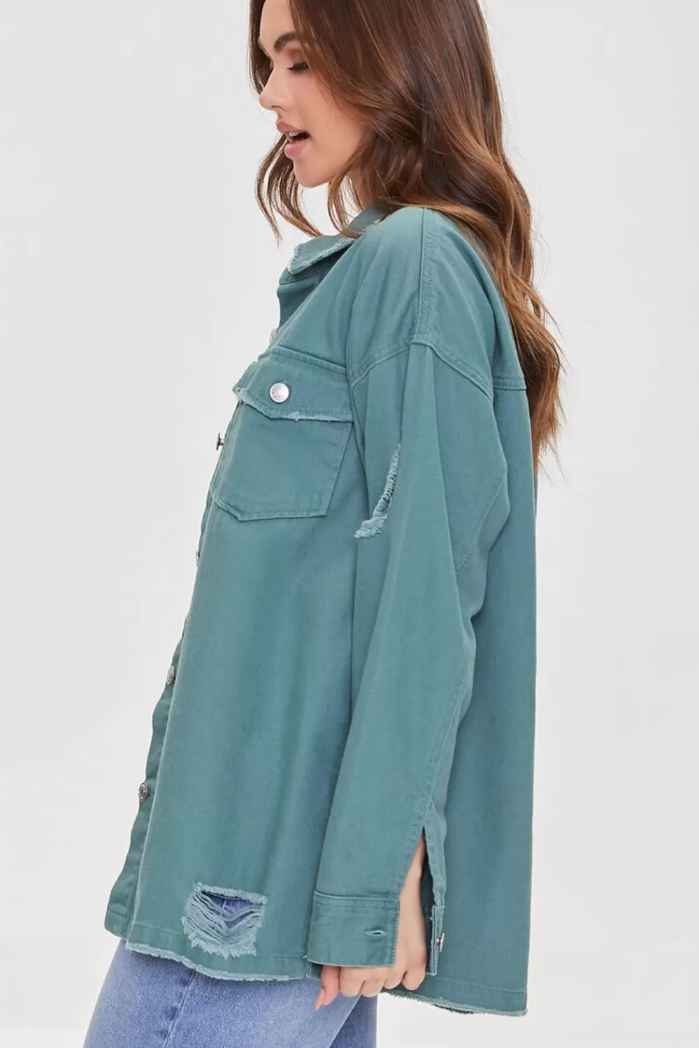 Jackets + Outerwear>Forever 21 Distressed Twill Shacket Patina