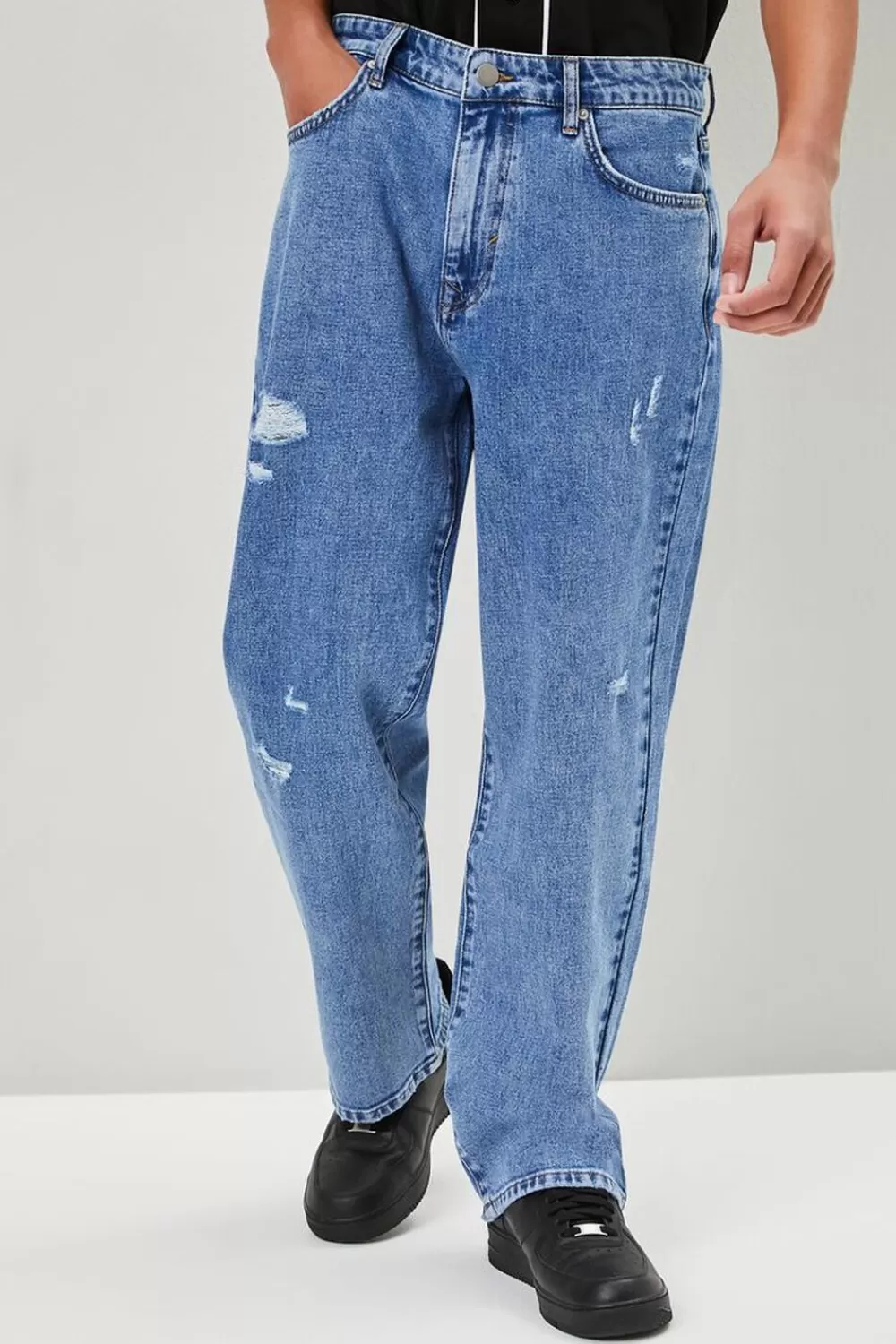 Jeans + Denim>Forever 21 Distressed Wide-Leg Jeans Medium Denim