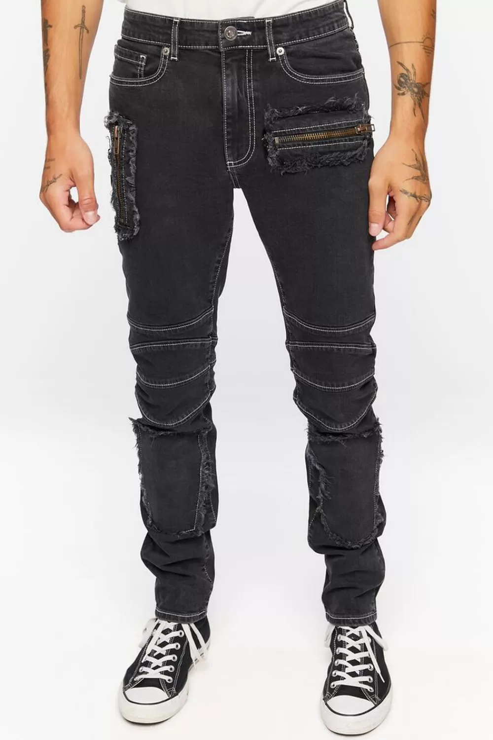 Jeans + Denim>Forever 21 Distressed Zippered Skinny Jeans Black