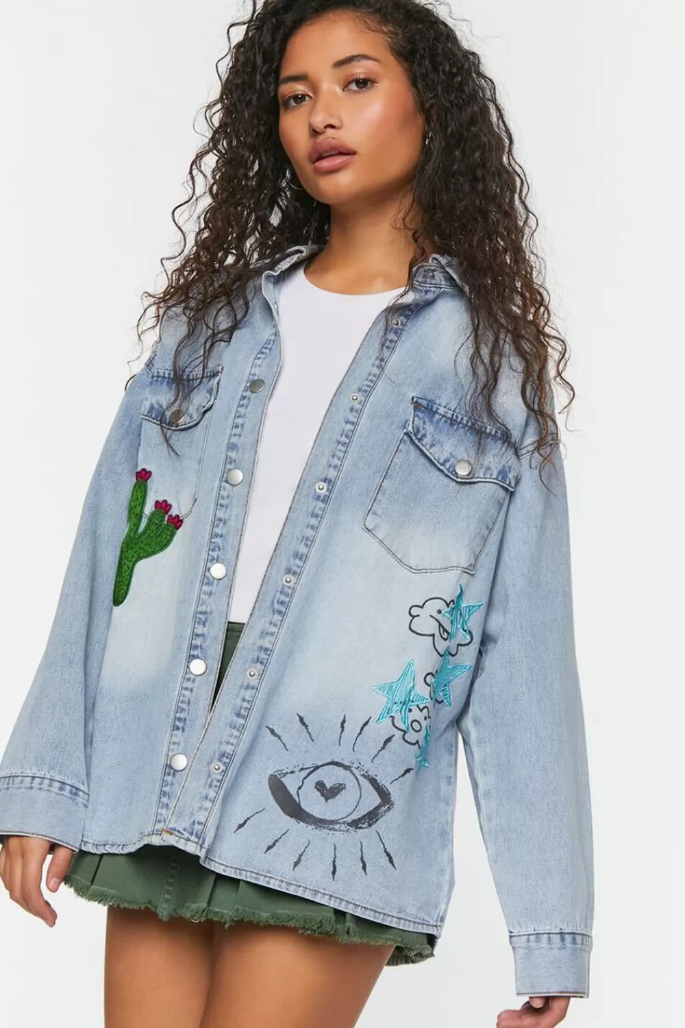Jackets + Outerwear>Forever 21 Doodle Graphic Embroideredshacket Denim