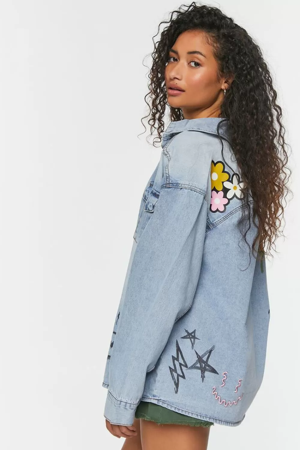 Jackets + Outerwear>Forever 21 Doodle Graphic Embroideredshacket Denim