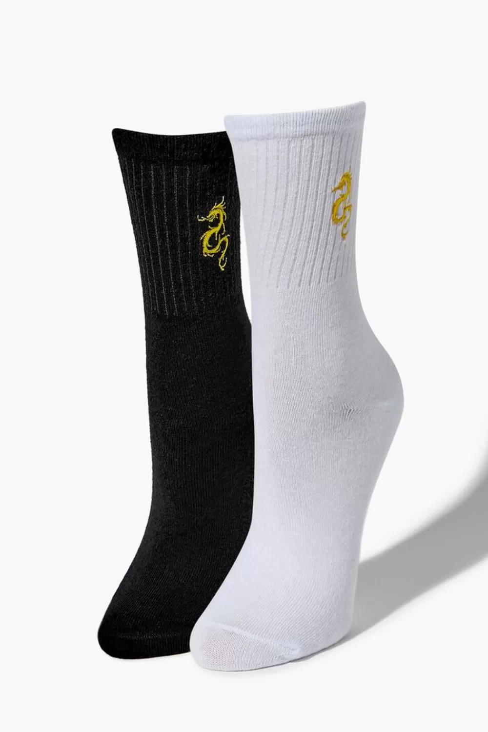 Socks + Tights>Forever 21 Dragon Embroidered Crew Sock Set Black/White