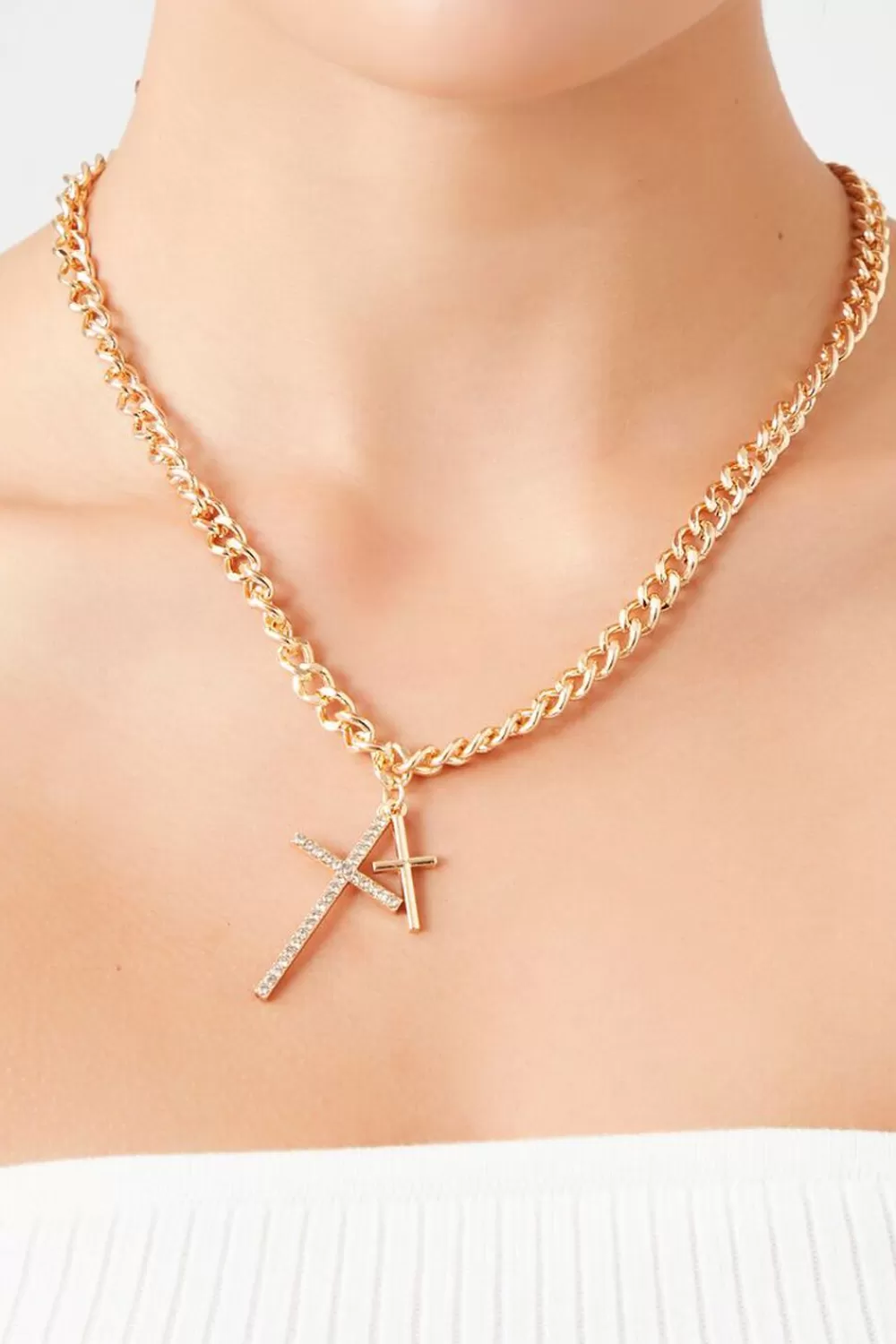 Necklaces>Forever 21 Dual Cross Curb Chain Necklace Gold/Clear