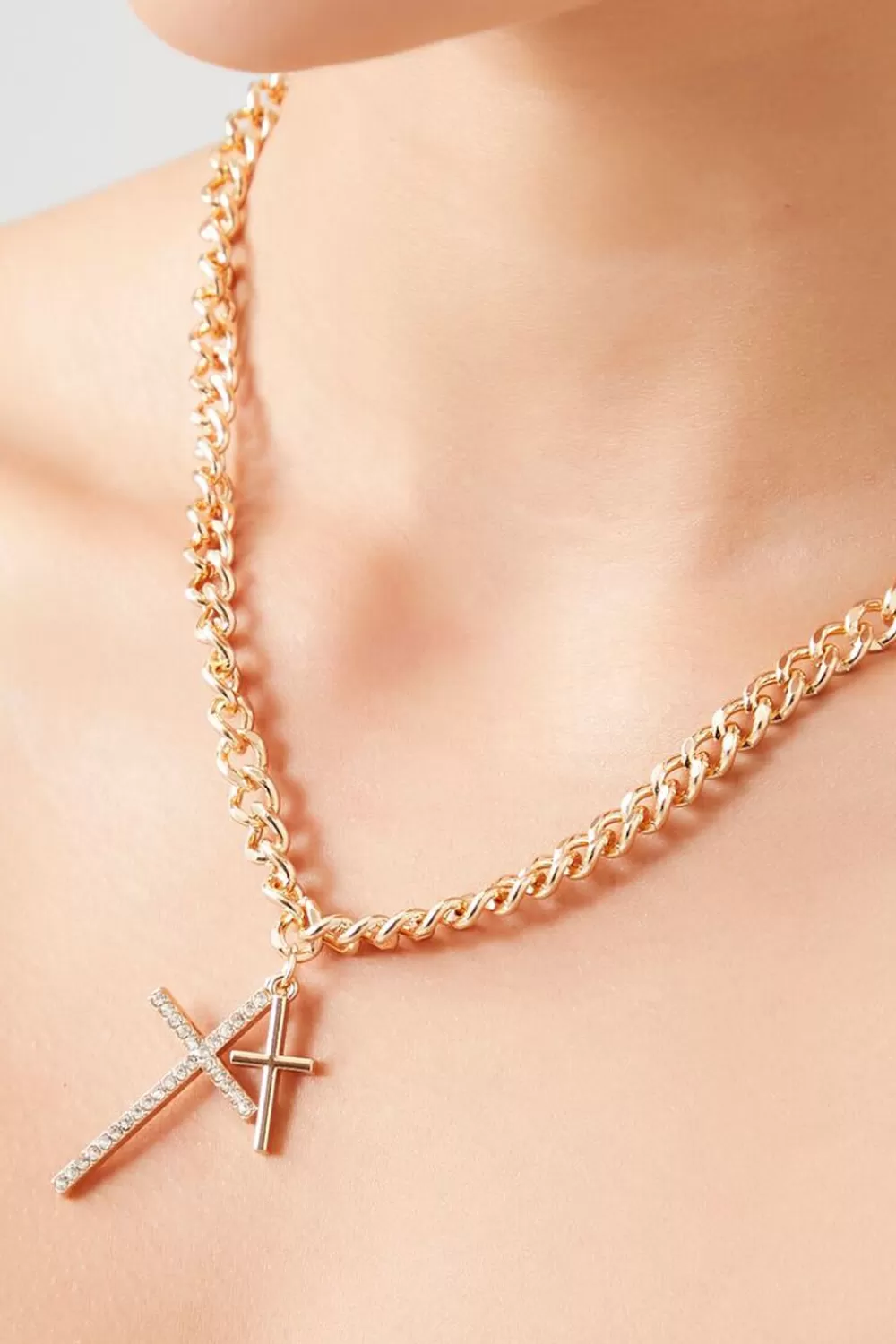 Necklaces>Forever 21 Dual Cross Curb Chain Necklace Gold/Clear