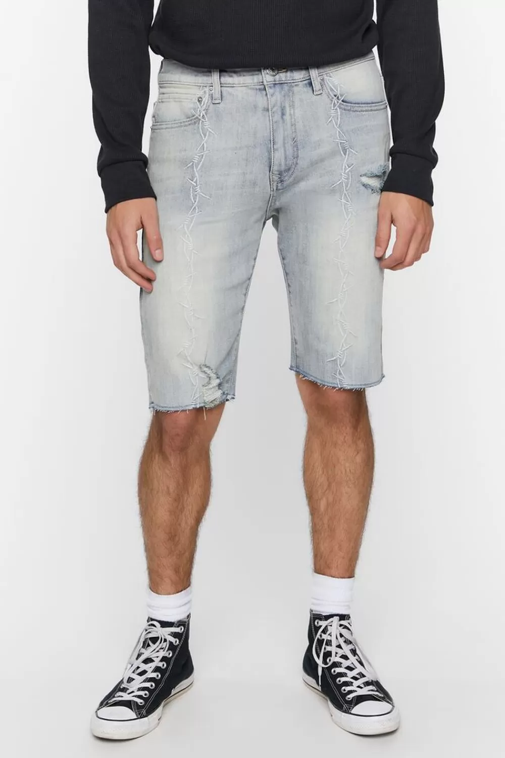 Jeans + Denim>Forever 21 Embroidered Barbed Wire Denim Shorts Light Denim