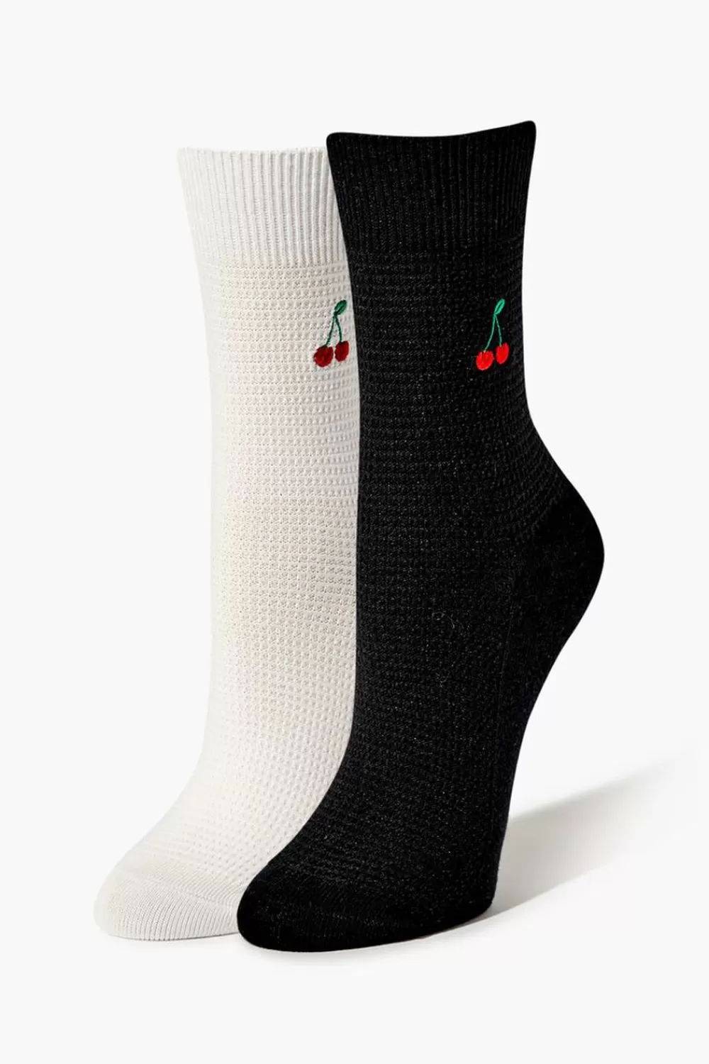 Socks + Tights>Forever 21 Embroidered Cherry Crew Sock Set - 2 Pack Black/White