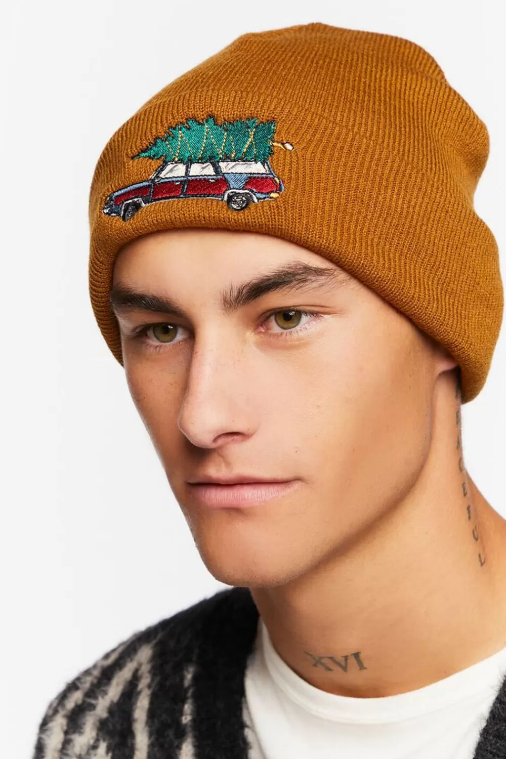 Hats + Beanies>Forever 21 Embroidered Christmas Tree Car Beanie Tan/Multi